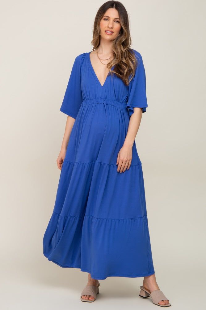 Royal Blue Deep V-Neck Tiered Maternity Maxi Dress sold by Pinkblush product image thumbnail 5
