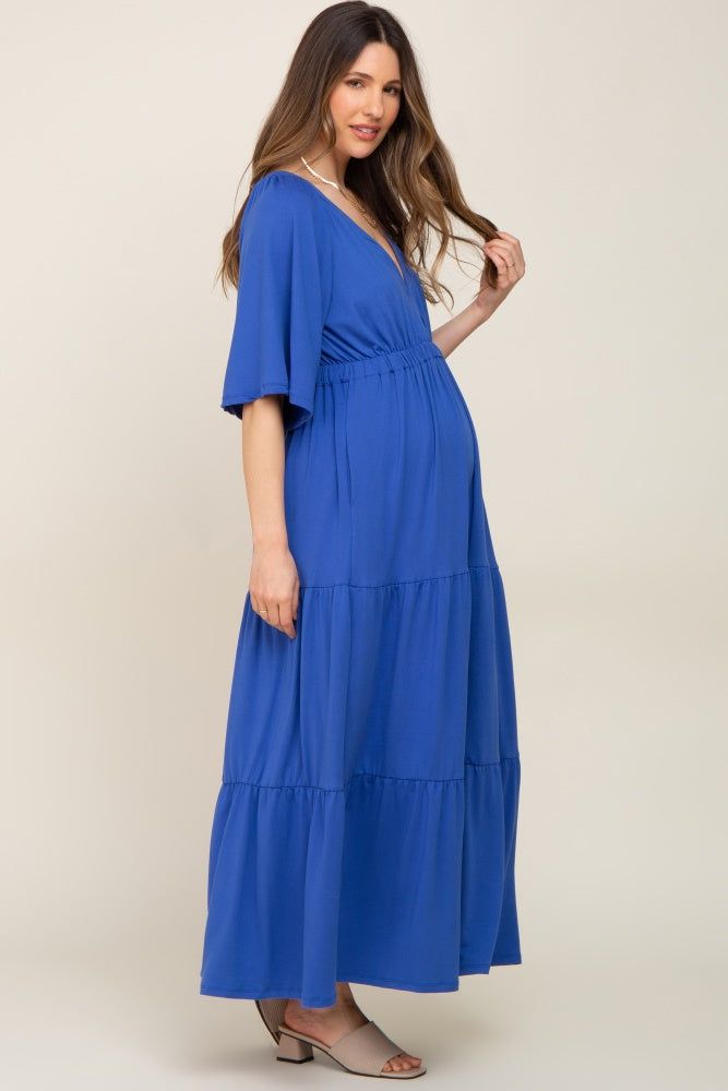 Royal Blue Deep V-Neck Tiered Maternity Maxi Dress sold by Pinkblush product image thumbnail 2