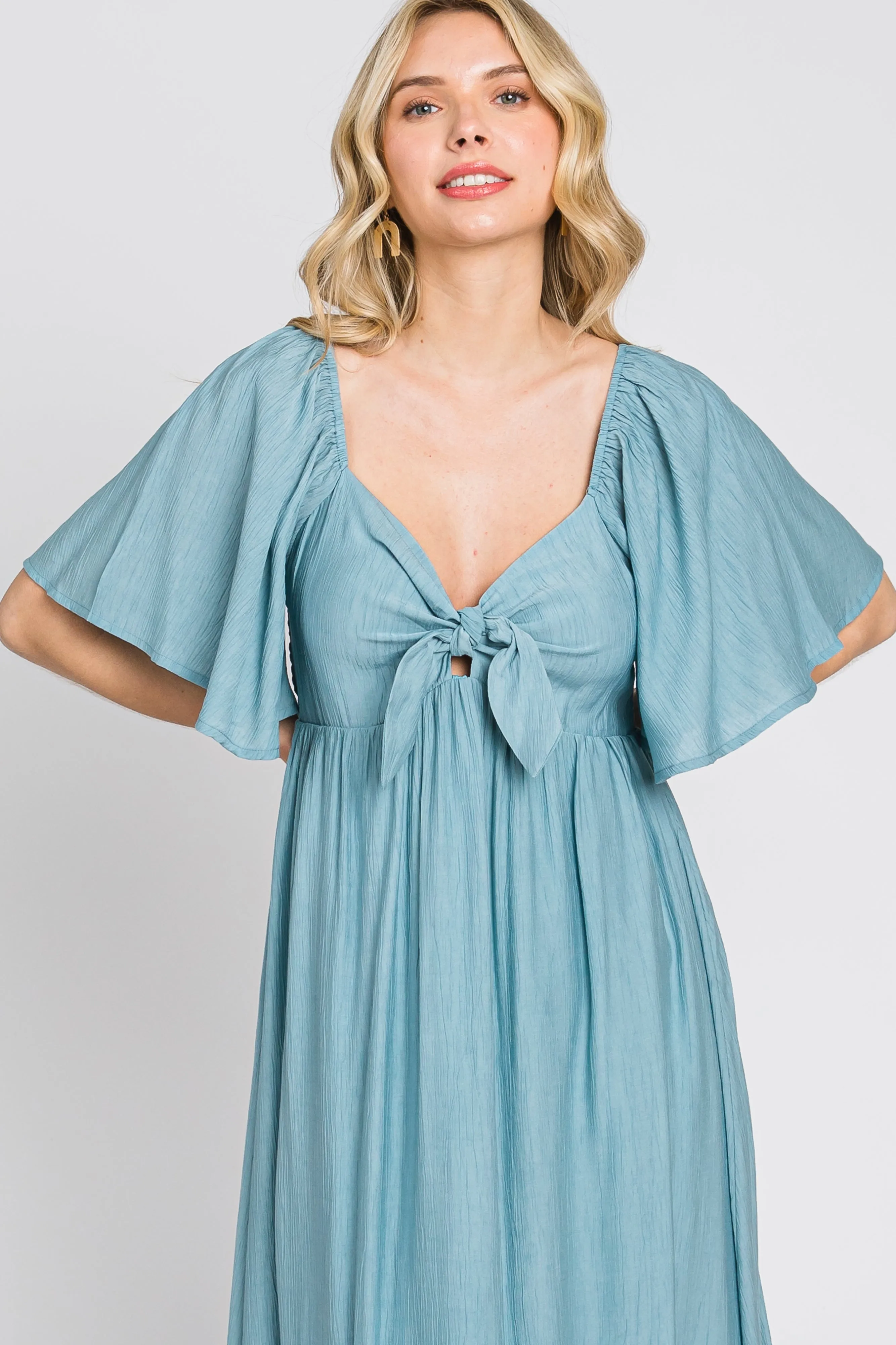 Blue Front Tie Ruffle Sleeve Midi Dress sold by Pinkblush product image thumbnail 5
