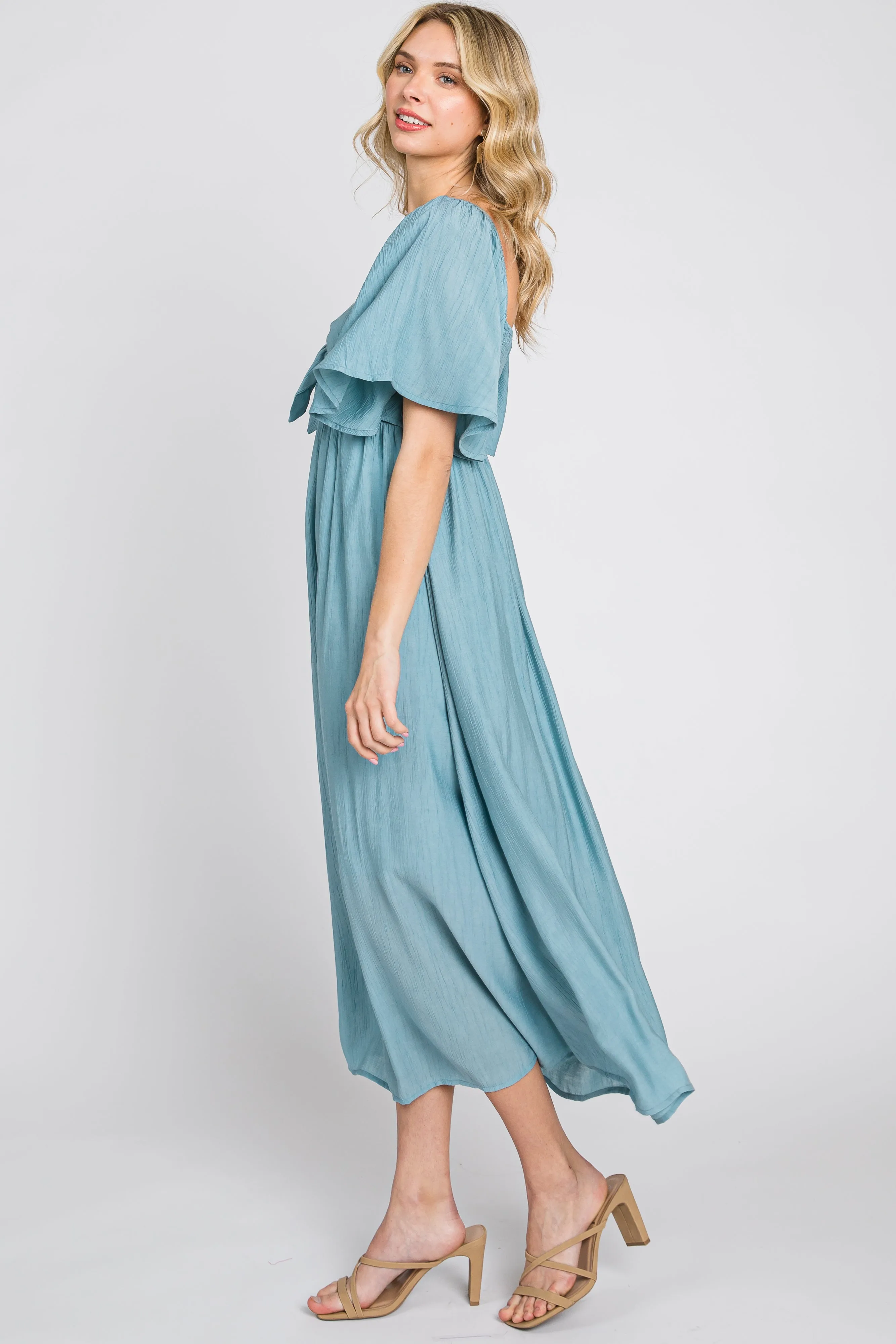 Blue Front Tie Ruffle Sleeve Midi Dress sold by Pinkblush product image thumbnail 2
