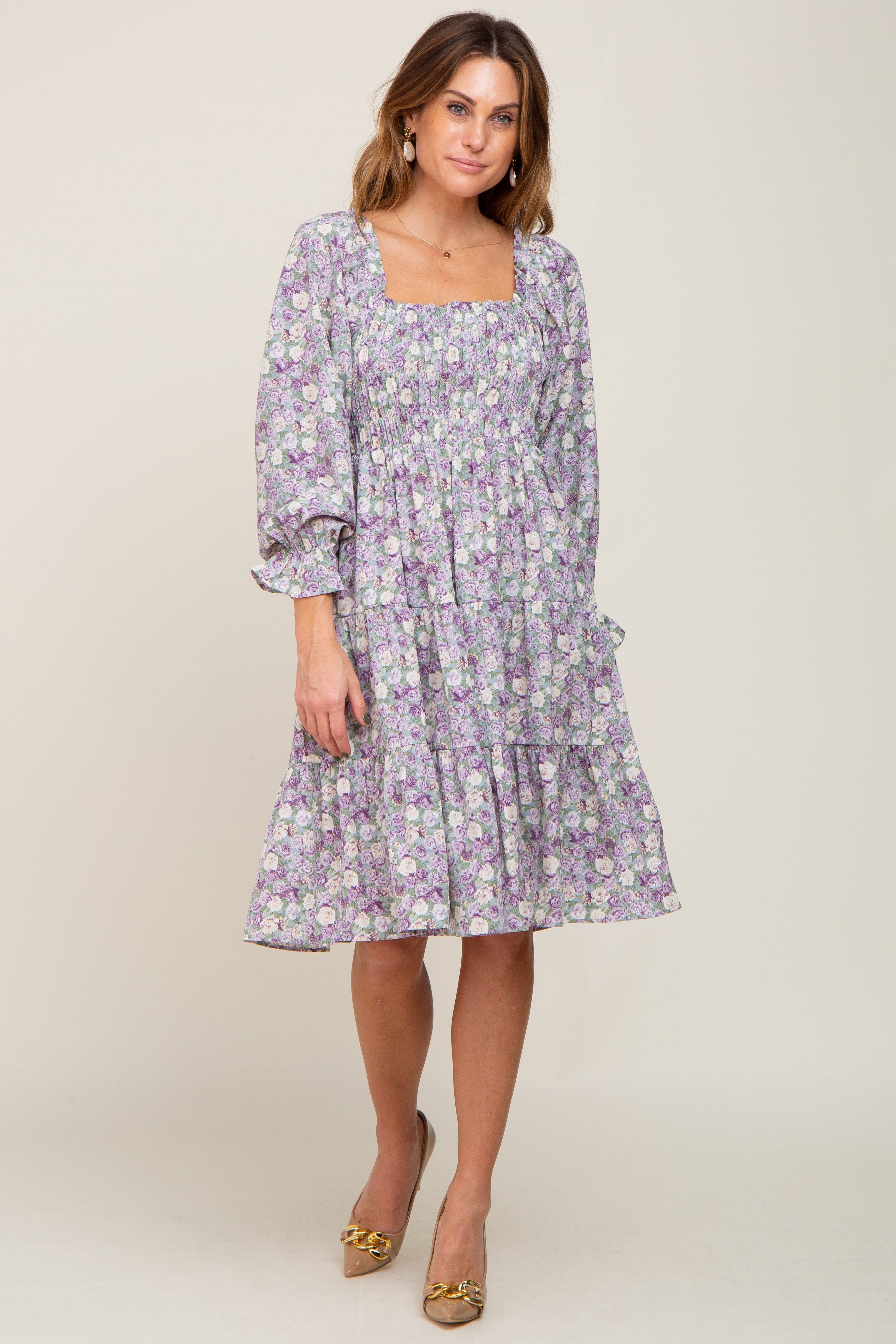 Lavender Floral Smocked Square Neck Tiered Dress sold by Pinkblush