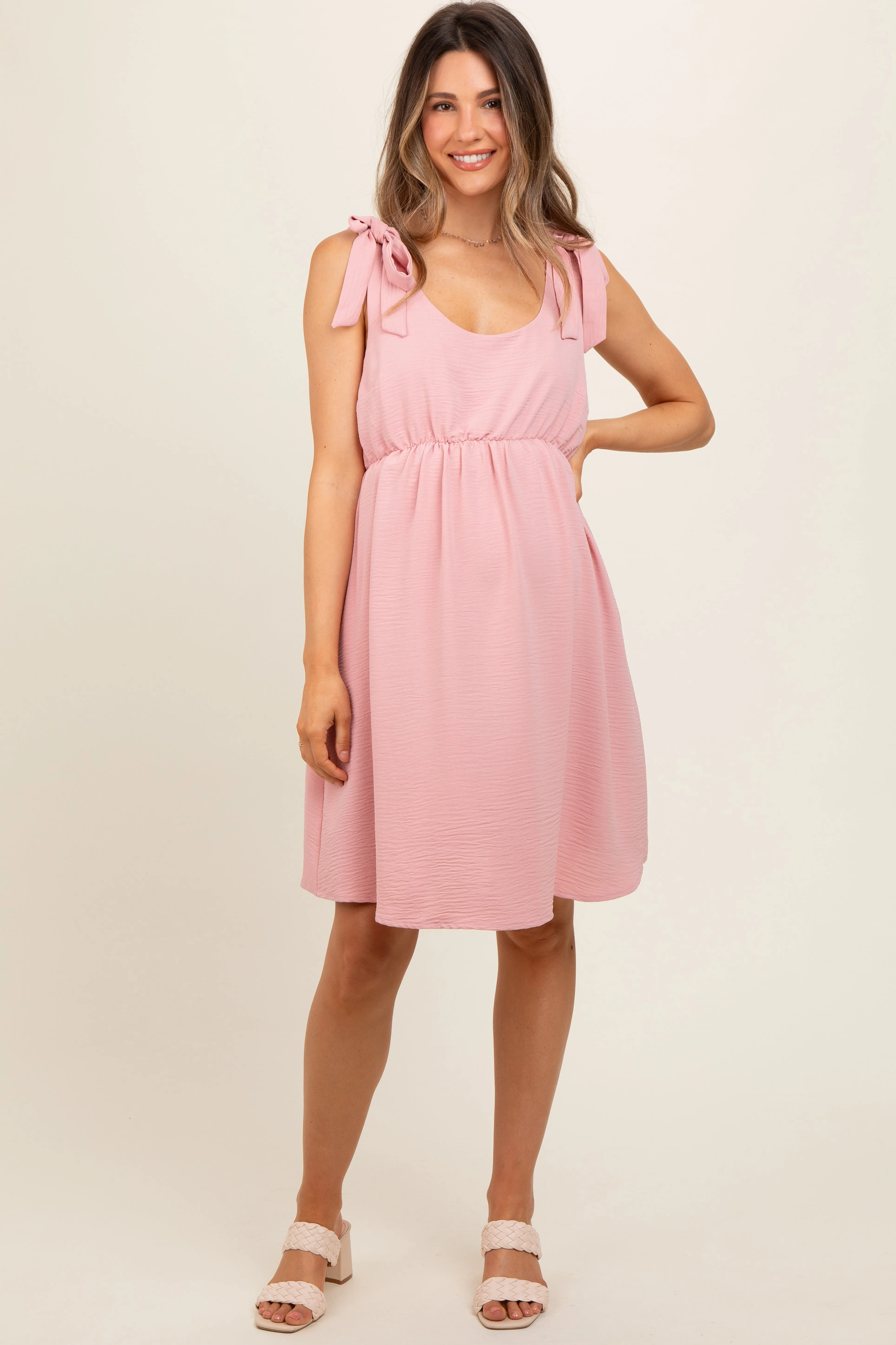 Pink Solid Tie-Shoulder Scoop Neck Maternity Dress sold by Pinkblush