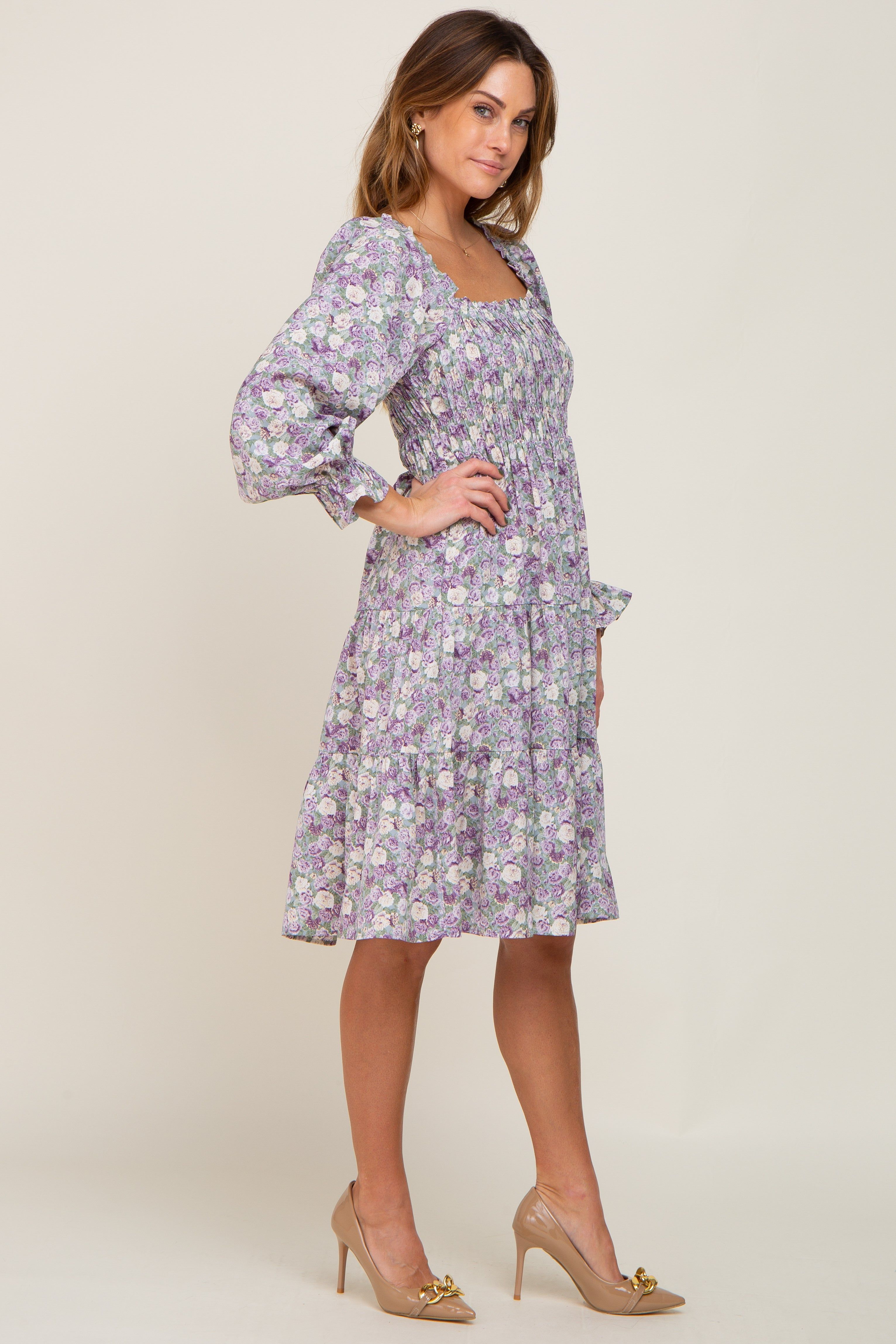 Lavender Floral Smocked Square Neck Tiered Dress sold by Pinkblush product image thumbnail 2