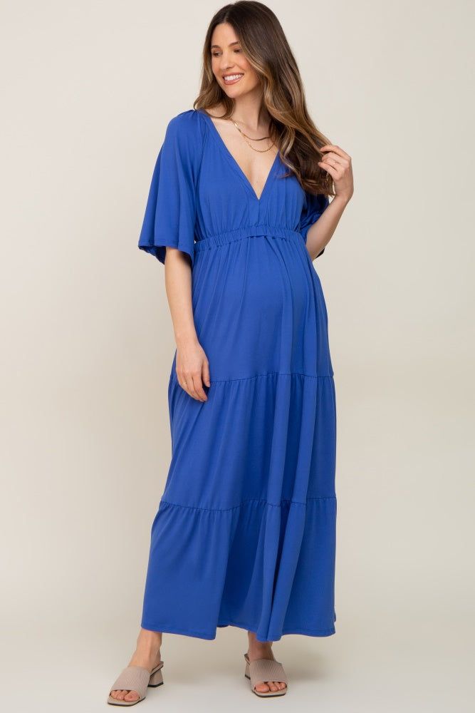 Royal Blue Deep V-Neck Tiered Maternity Maxi Dress sold by Pinkblush product image thumbnail 4