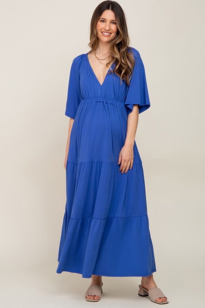 Royal Blue Deep V-Neck Tiered Maternity Maxi Dress sold by Pinkblush