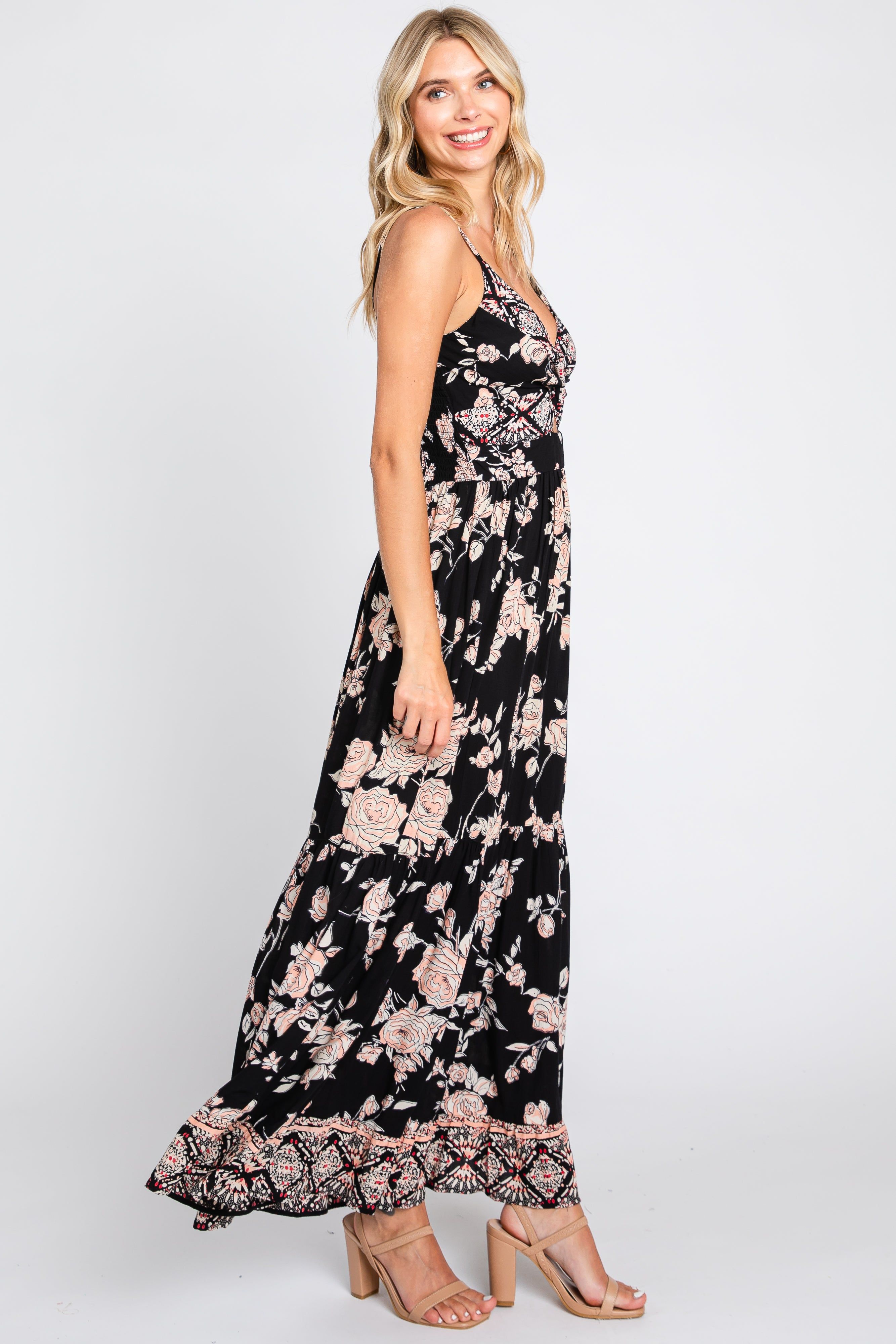 Black Floral Border Print Front Twist Maxi Dress sold by Pinkblush product image thumbnail 2
