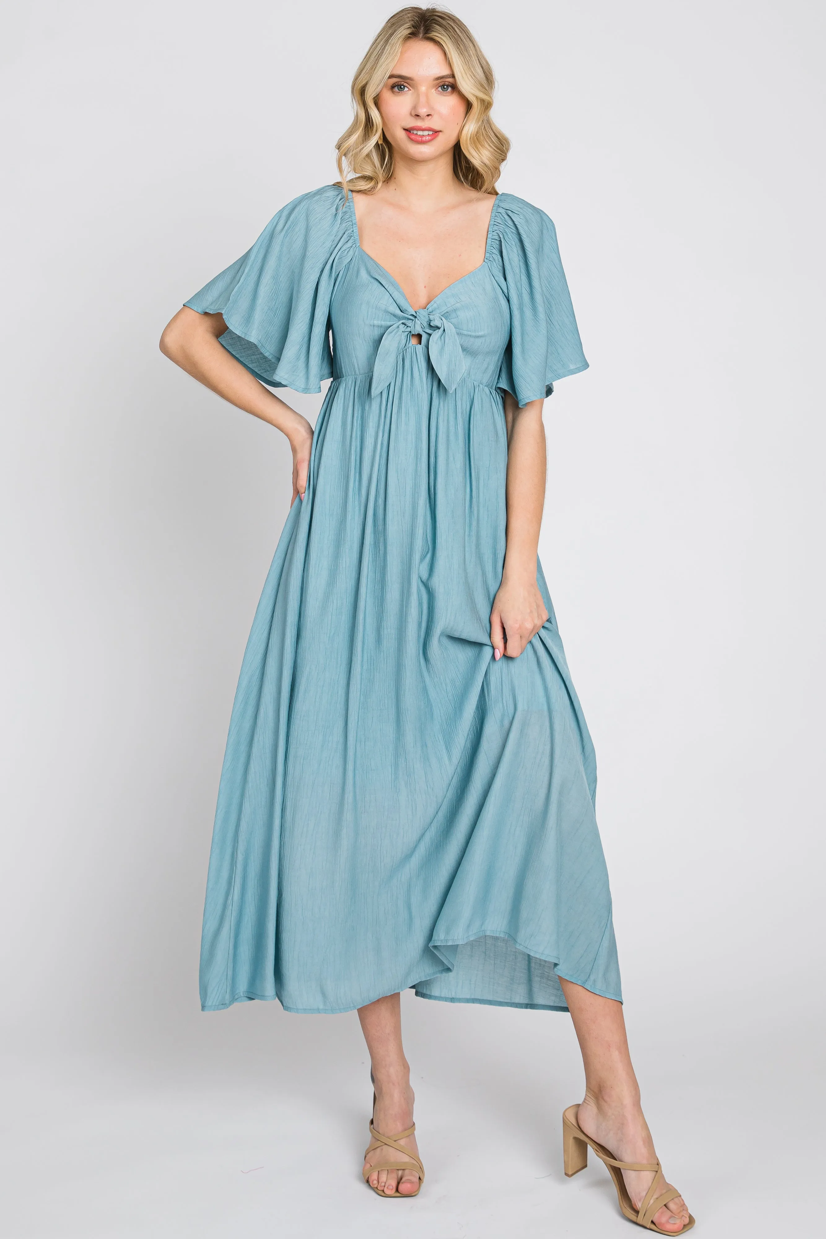 Blue Front Tie Ruffle Sleeve Midi Dress sold by Pinkblush product image thumbnail 4