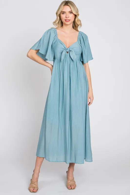 Blue Front Tie Ruffle Sleeve Midi Dress sold by Pinkblush