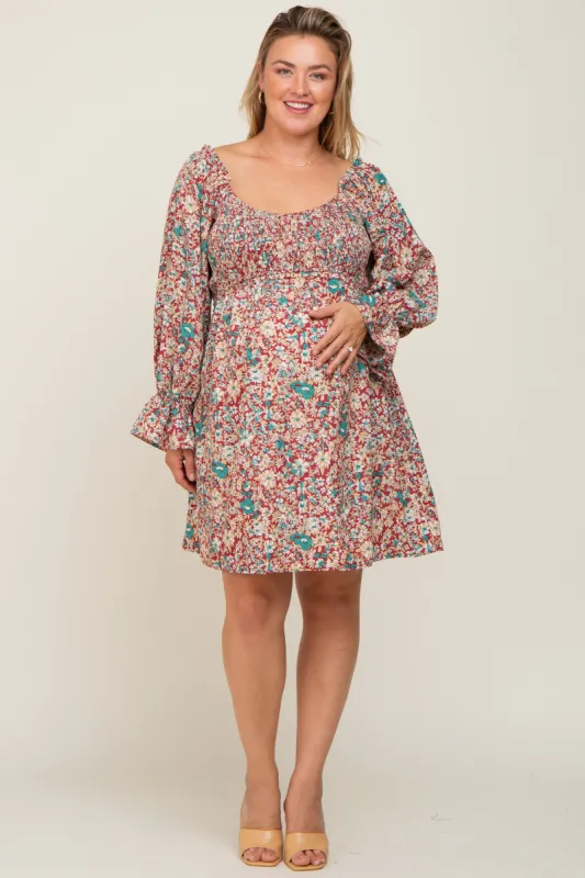 Burgundy Floral Smocked Ruffle Accent Maternity Plus Dress sold by Pinkblush