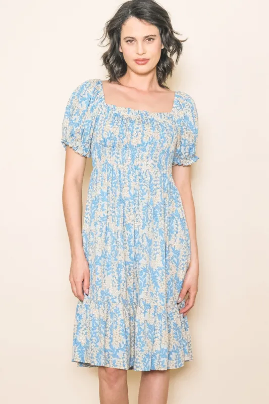 Blue Floral Puff Sleeve Smocked Chest Dress sold by Pinkblush