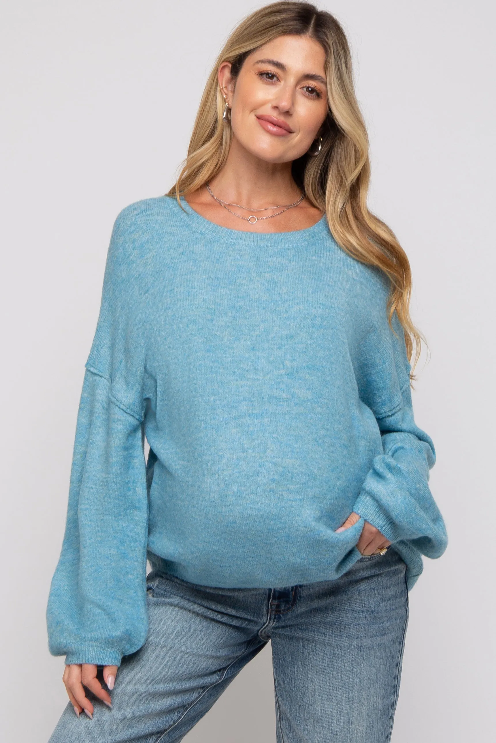 Blue Basic Drop Shoulder Maternity Sweater sold by Pinkblush