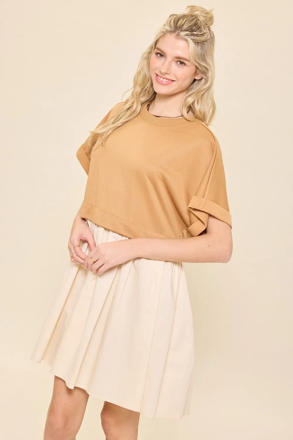 Camel Beige Oversized Sweatshirt Poplin Mini Dress sold by Pinkblush