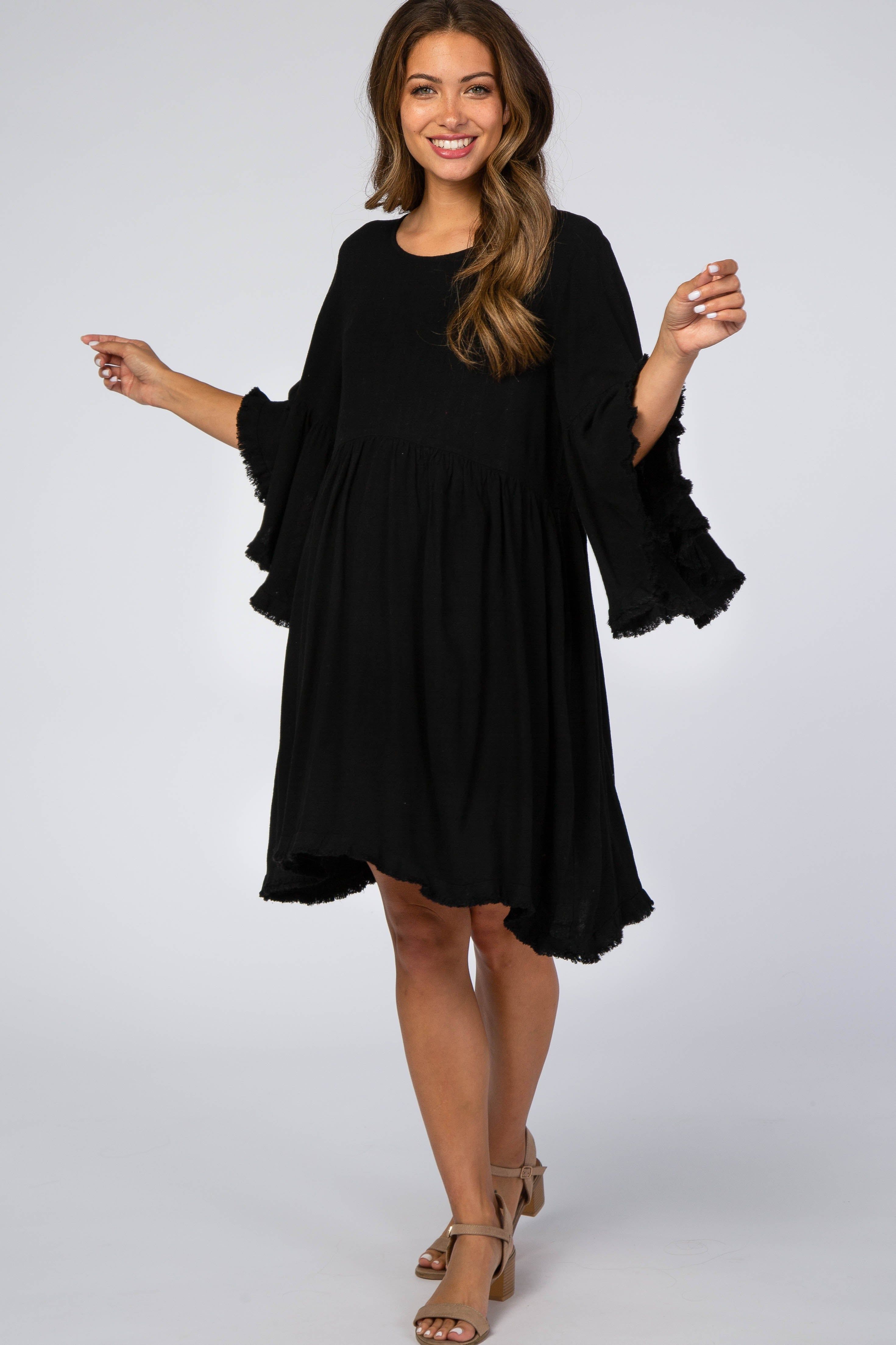Black Linen Fringe Trim Maternity Dress sold by Pinkblush