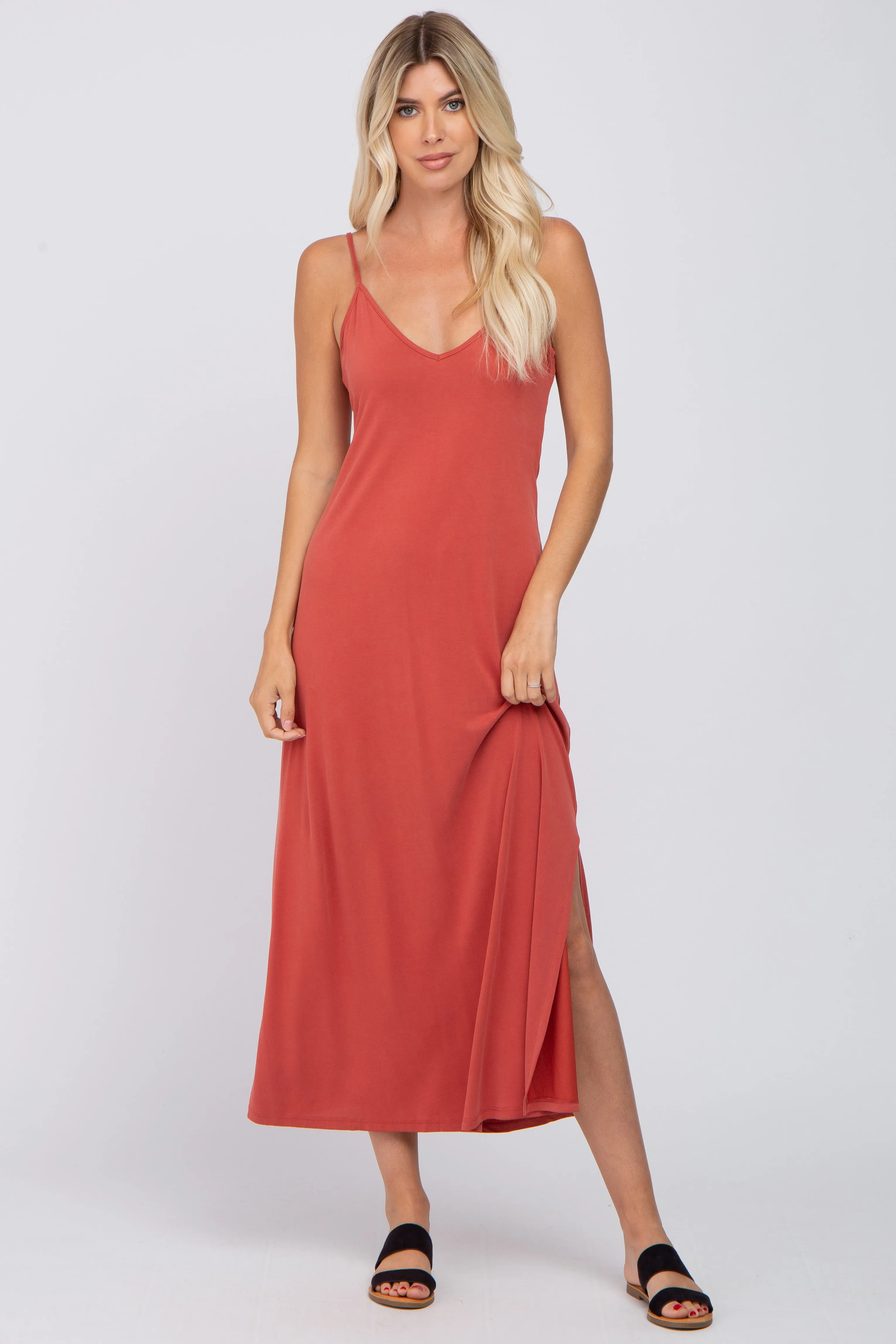 Rust V-Neck Criss Cross Back Side Slit Midi Dress sold by Pinkblush product image thumbnail 4