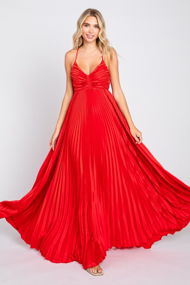 Red Satin Pleated Cutout Gown sold by Pinkblush