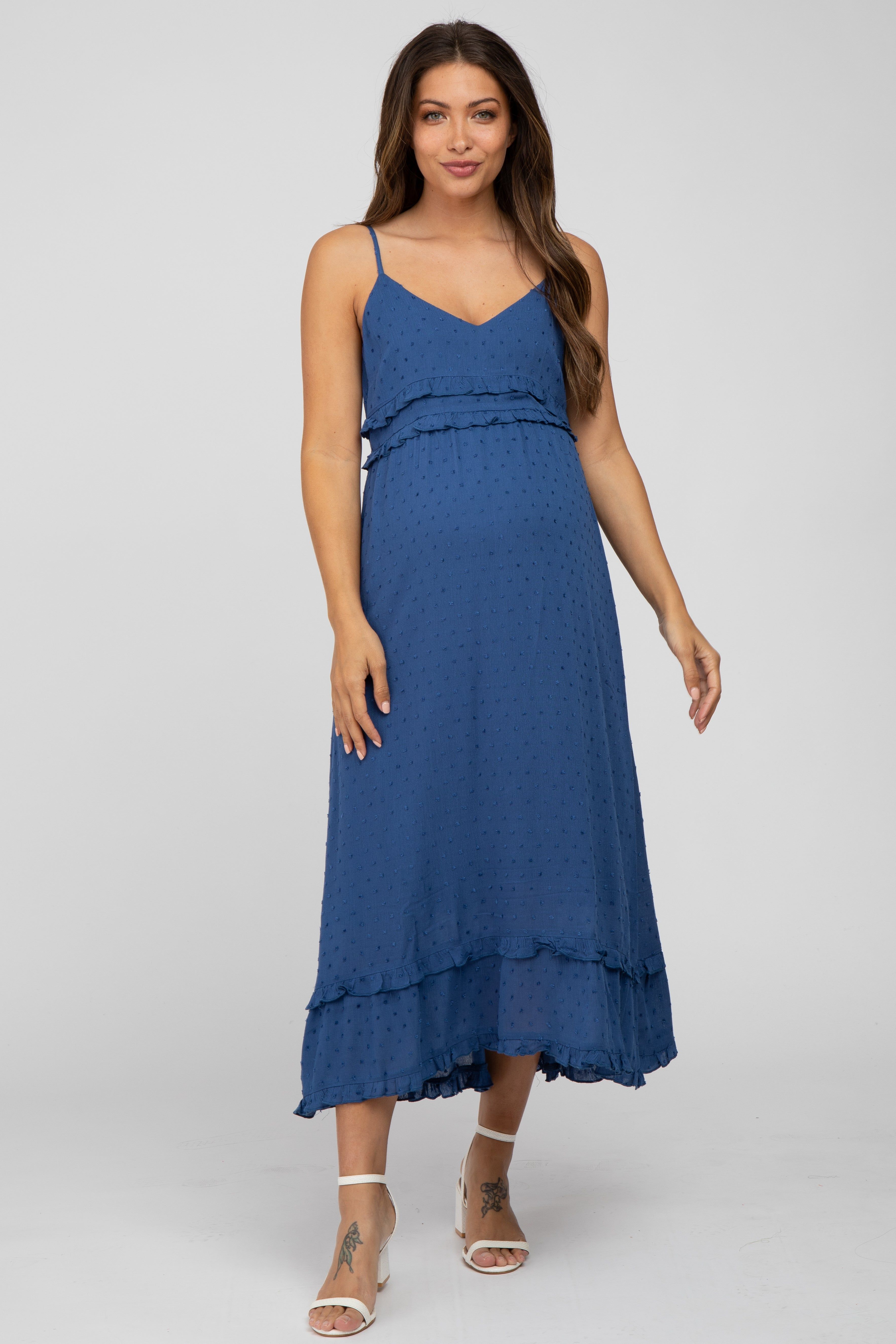 Navy Swiss Dot Ruffle Accent Maternity Maxi Dress sold by Pinkblush