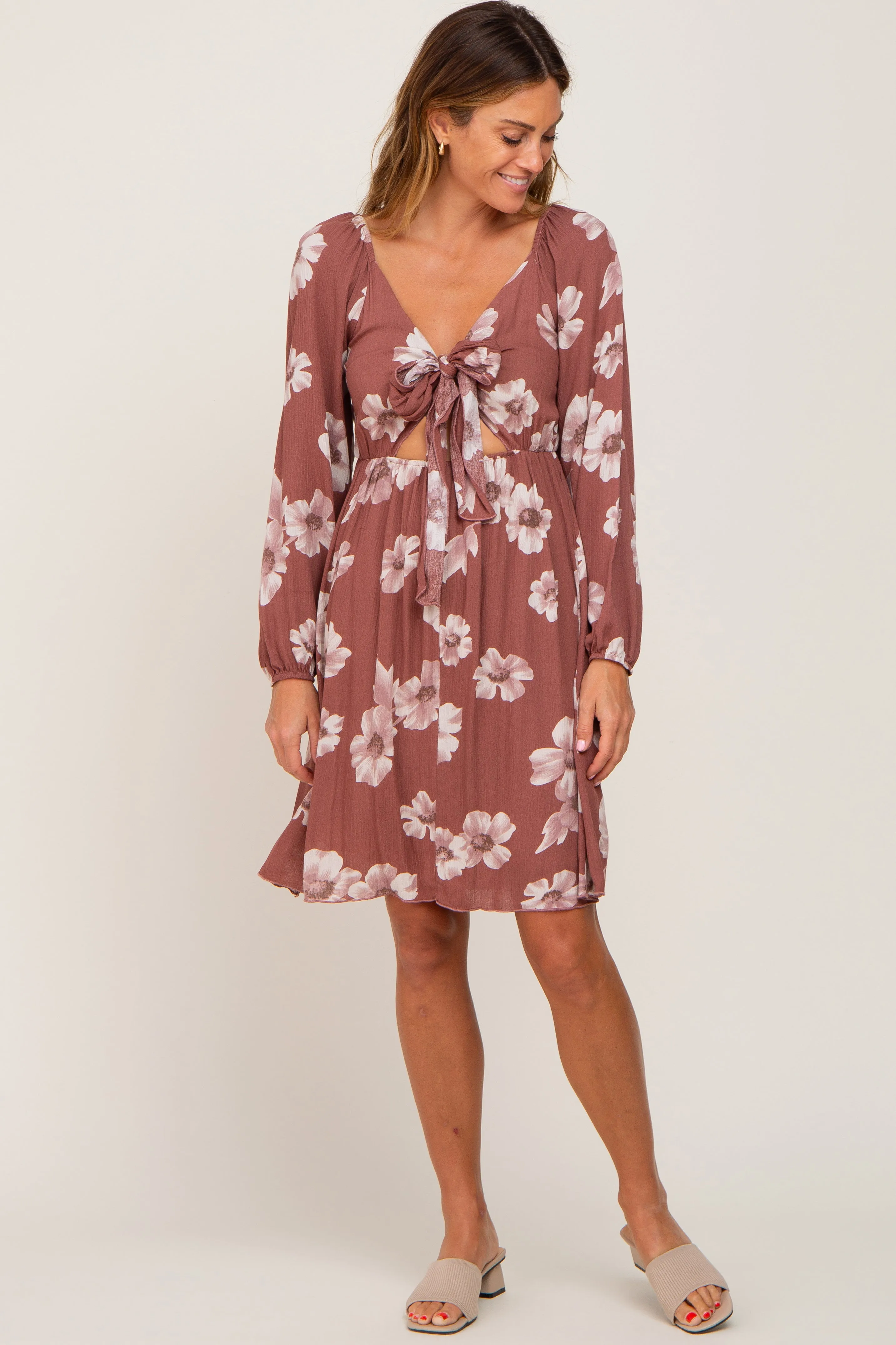 Rust Floral Smocked Tie Back Dress sold by Pinkblush product image thumbnail 4