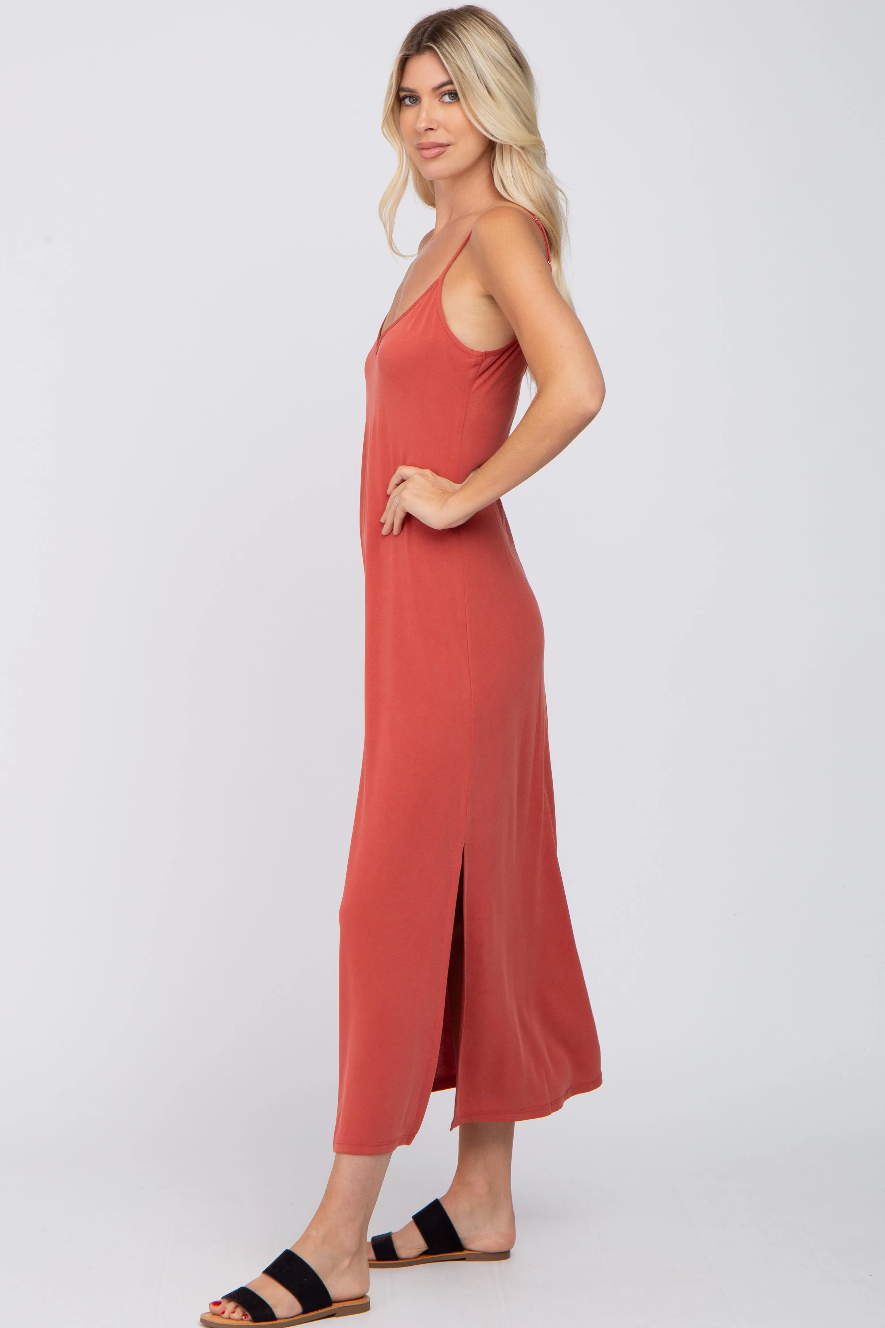 Rust V-Neck Criss Cross Back Side Slit Midi Dress sold by Pinkblush product image thumbnail 2