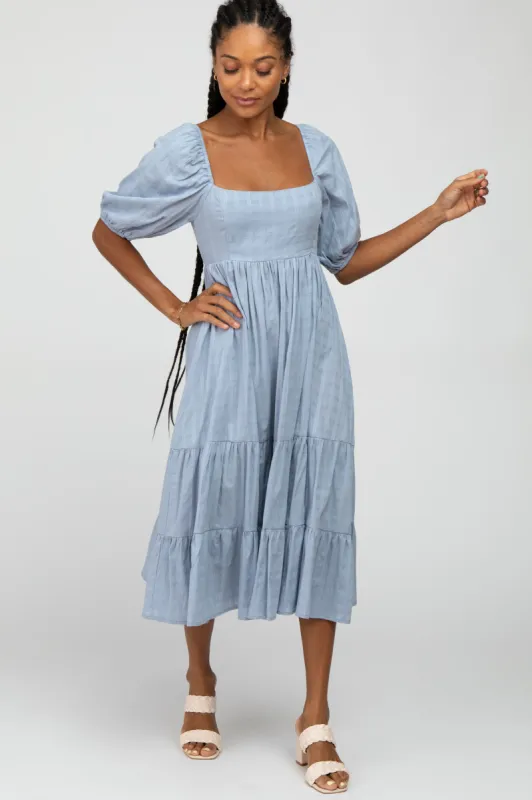 Blue Plaid Square Neck Midi Dress sold by Pinkblush