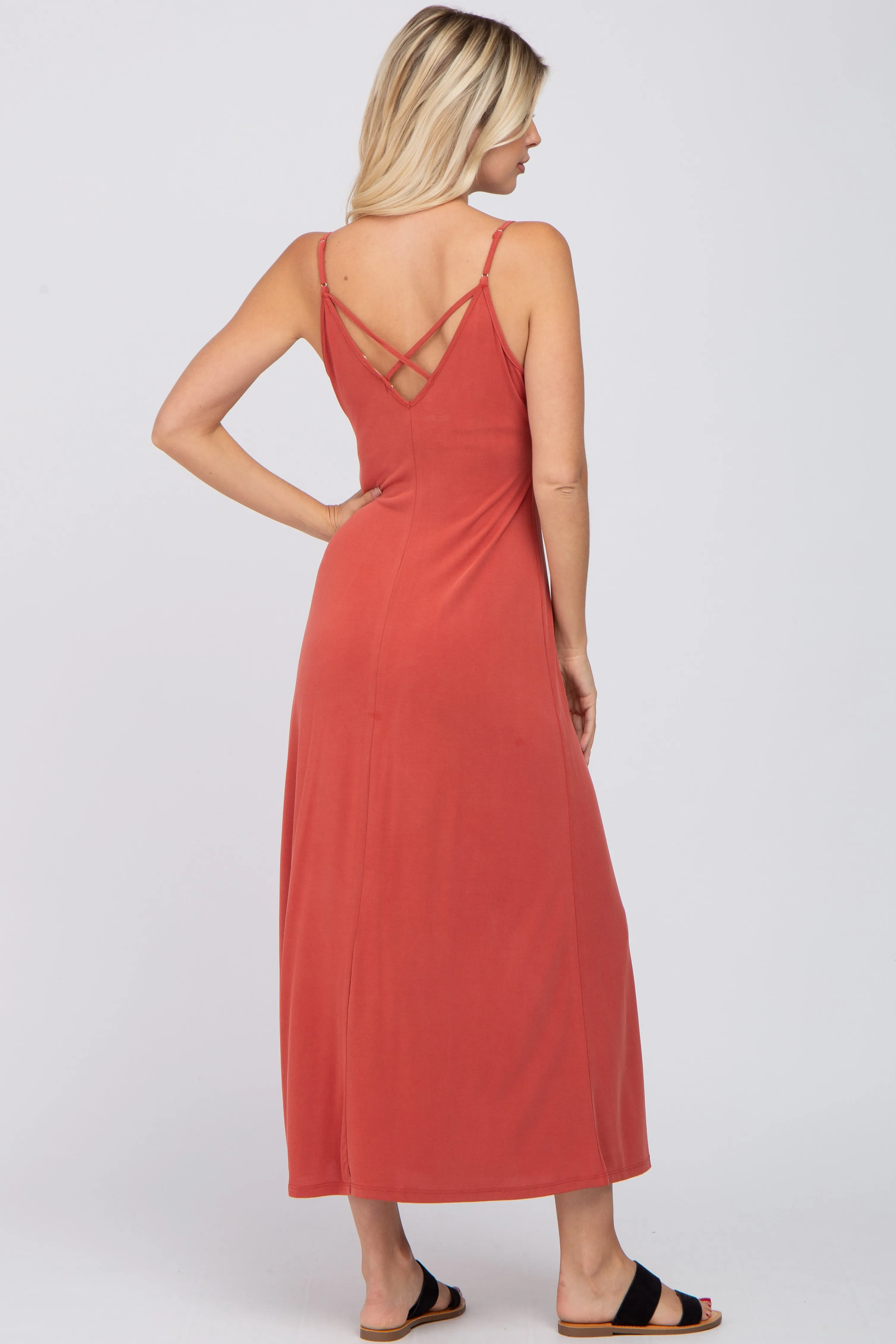 Rust V-Neck Criss Cross Back Side Slit Midi Dress sold by Pinkblush product image thumbnail 3