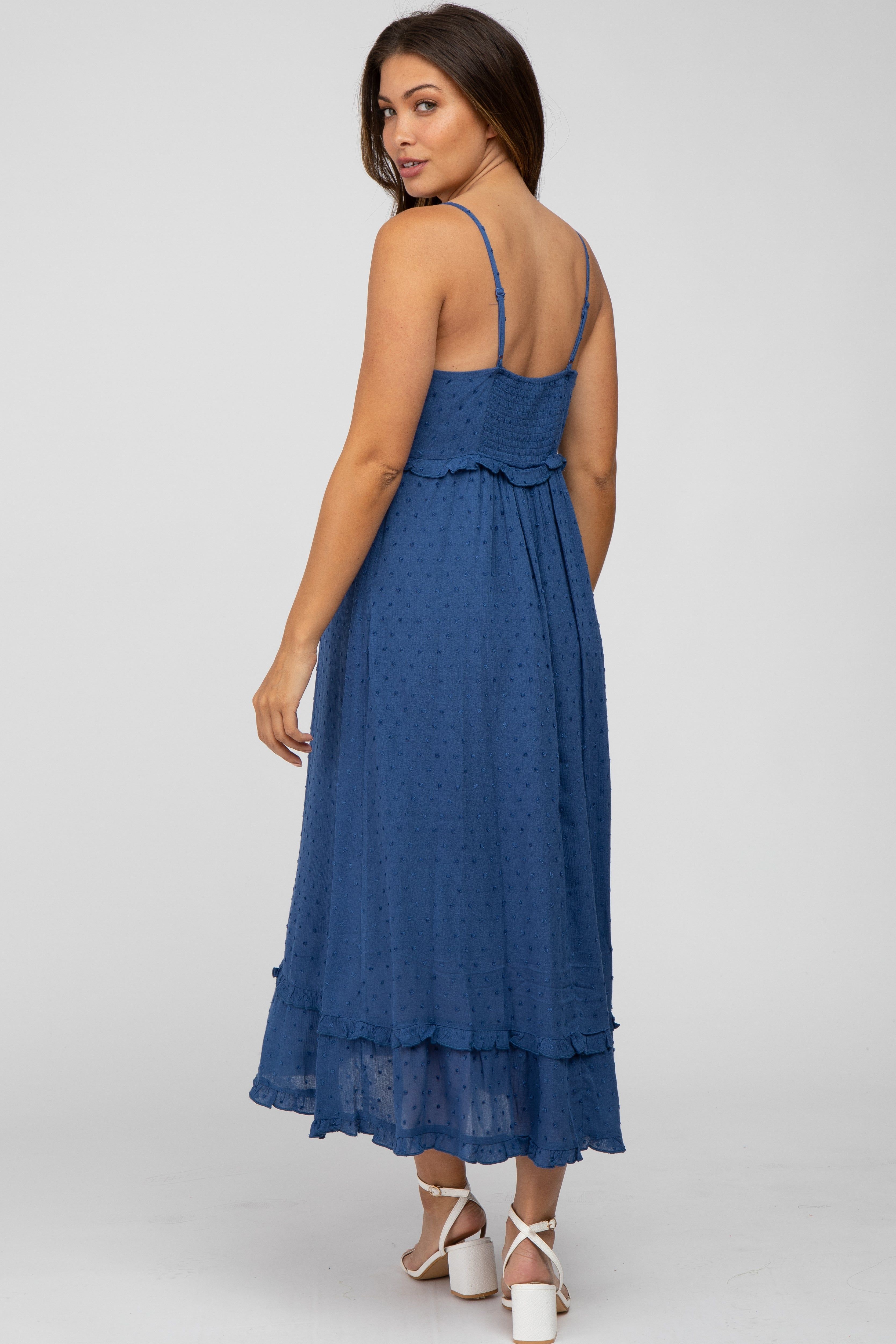 Navy Swiss Dot Ruffle Accent Maternity Maxi Dress sold by Pinkblush product image thumbnail 3