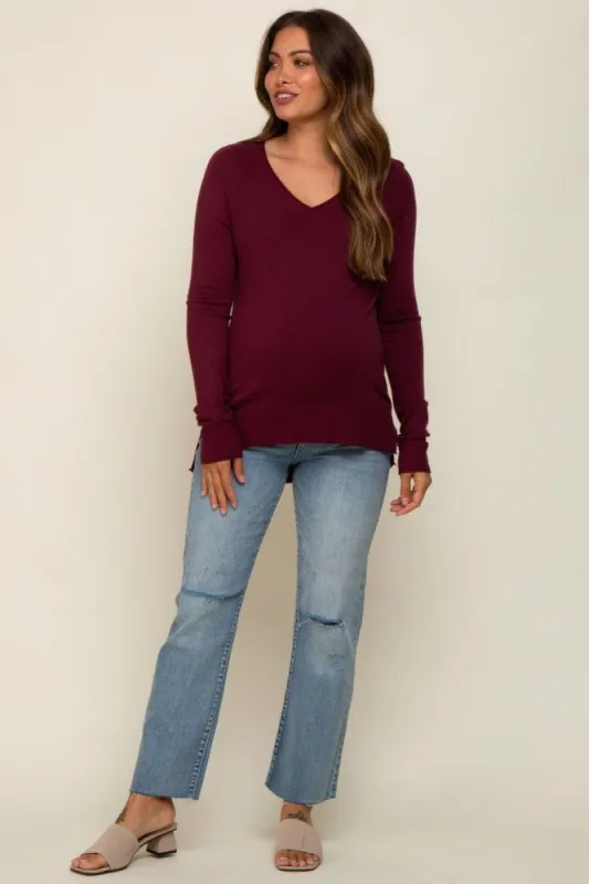 Burgundy Fine Knit V-Neck Side Slit Maternity Top sold by Pinkblush
