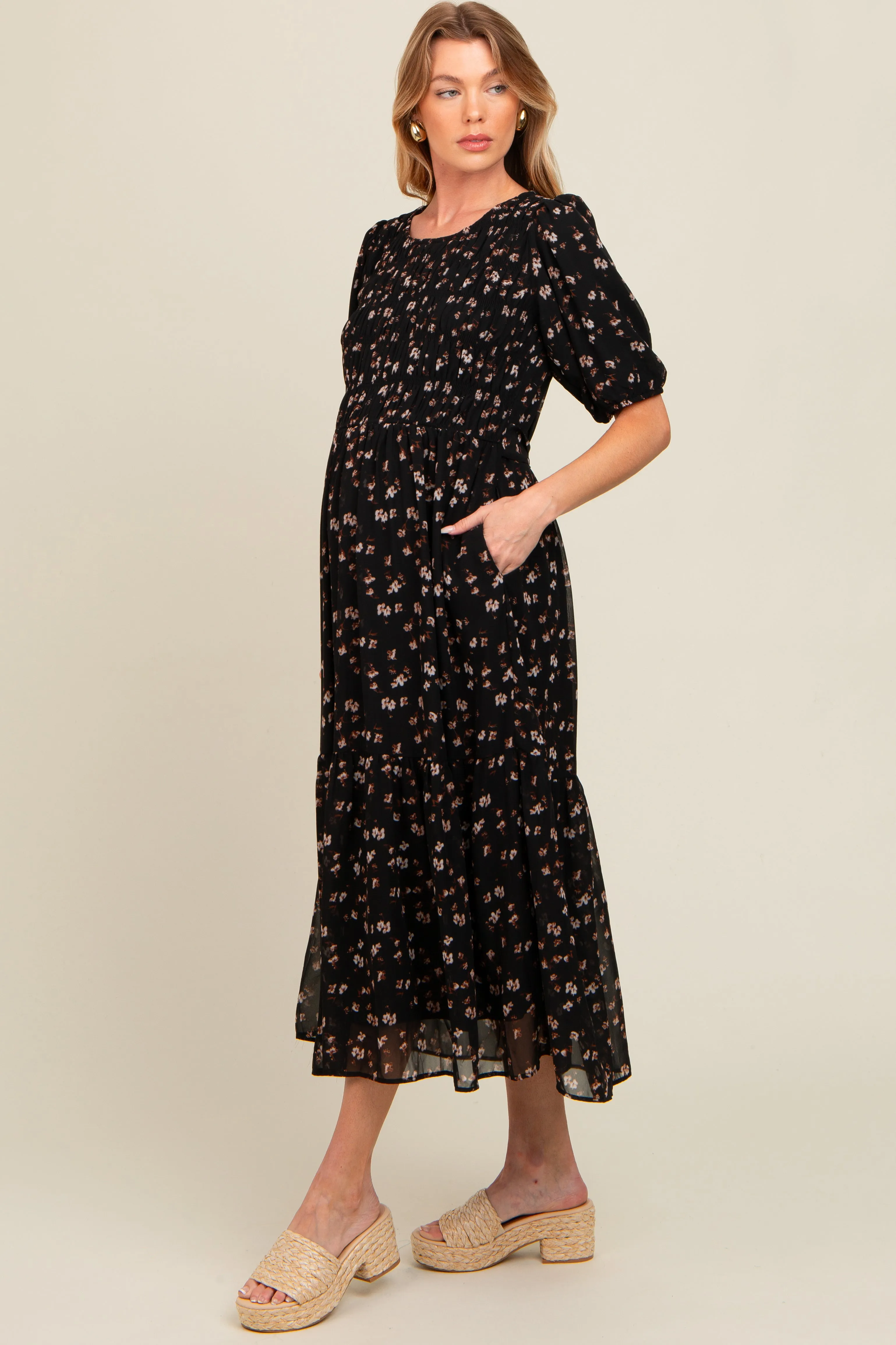 Black Floral Smocked Sash Tie Maternity Midi Dress sold by Pinkblush product image thumbnail 2