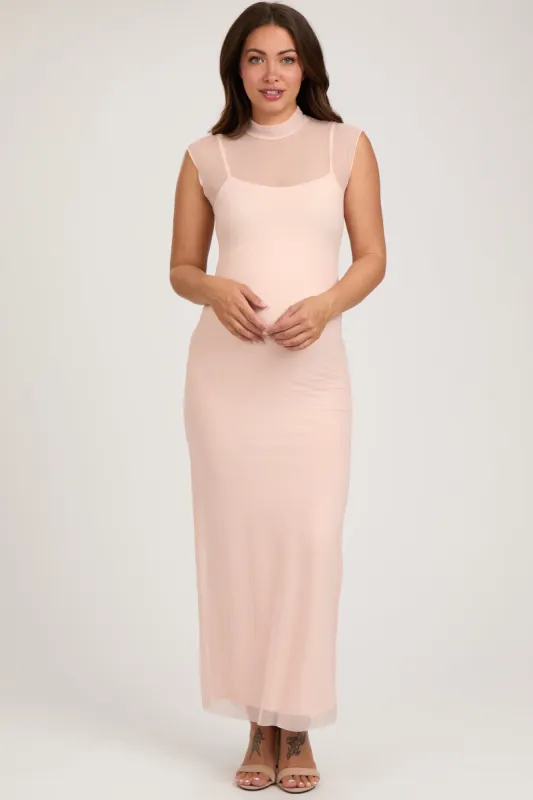 Light Pink Mock Neck Sleeveless Mesh Maternity Midi Dress sold by Pinkblush