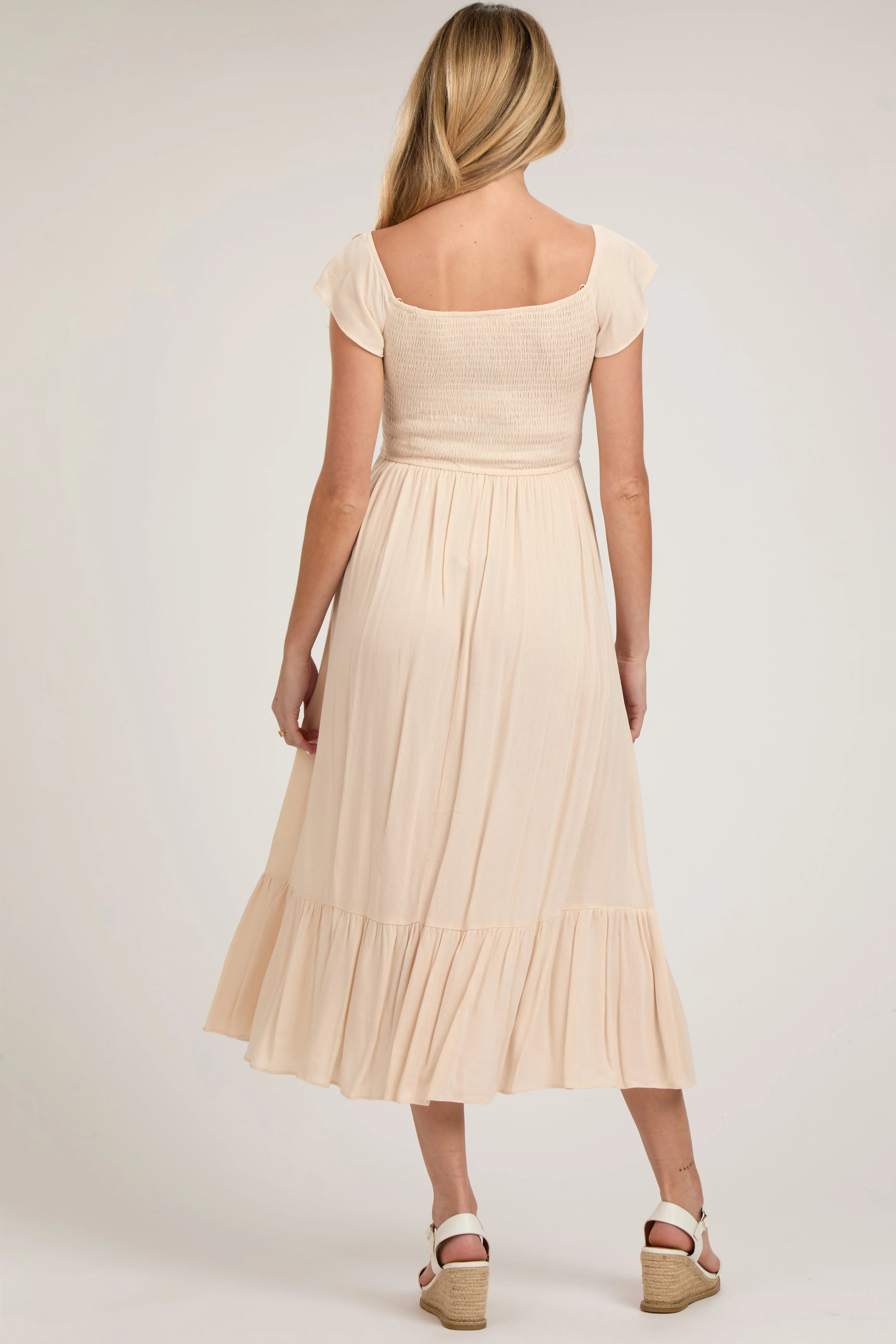 Beige Smocked Ruched Ruffle Hem Maternity Maxi Dress sold by Pinkblush product image thumbnail 3