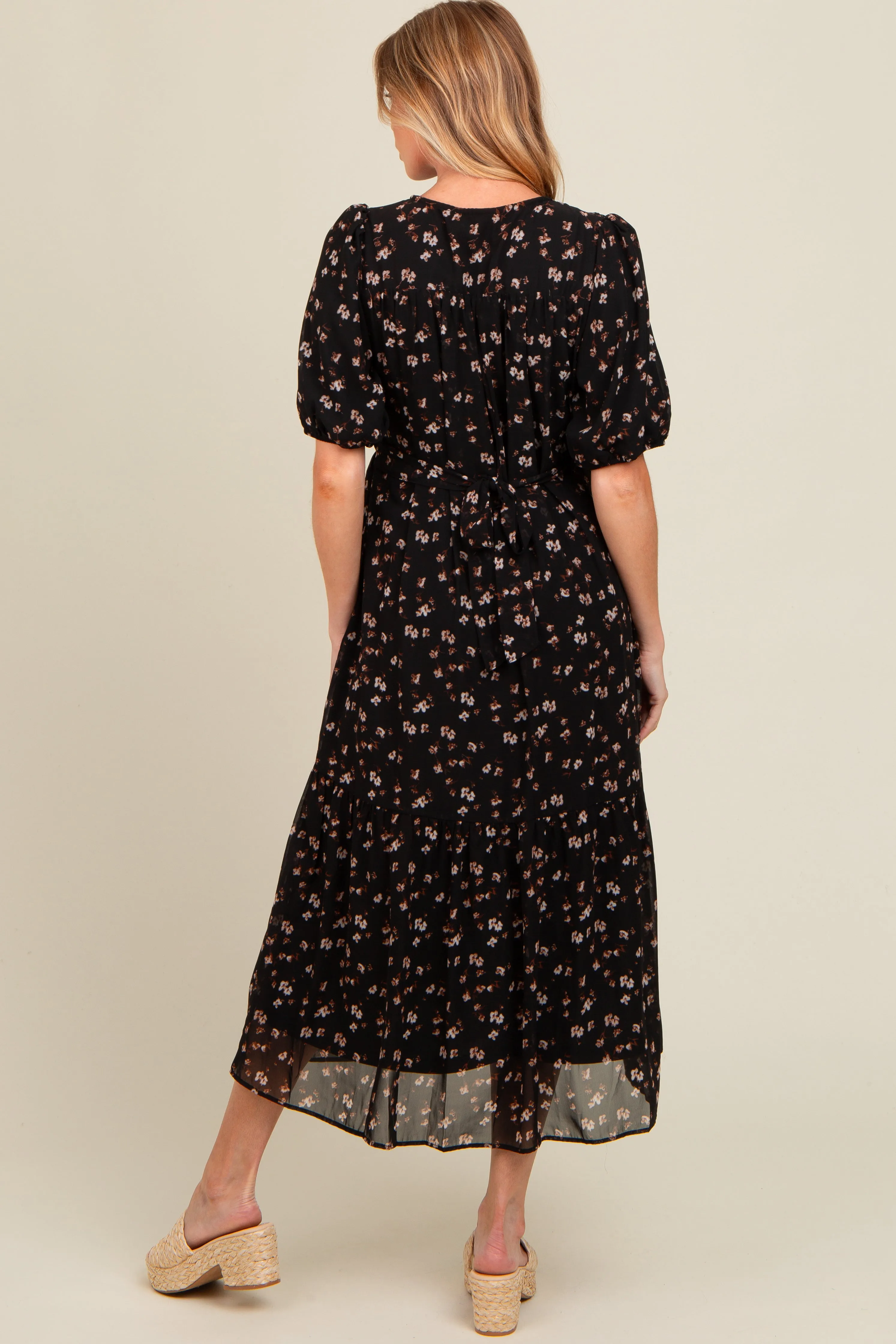 Black Floral Smocked Sash Tie Maternity Midi Dress sold by Pinkblush product image thumbnail 3