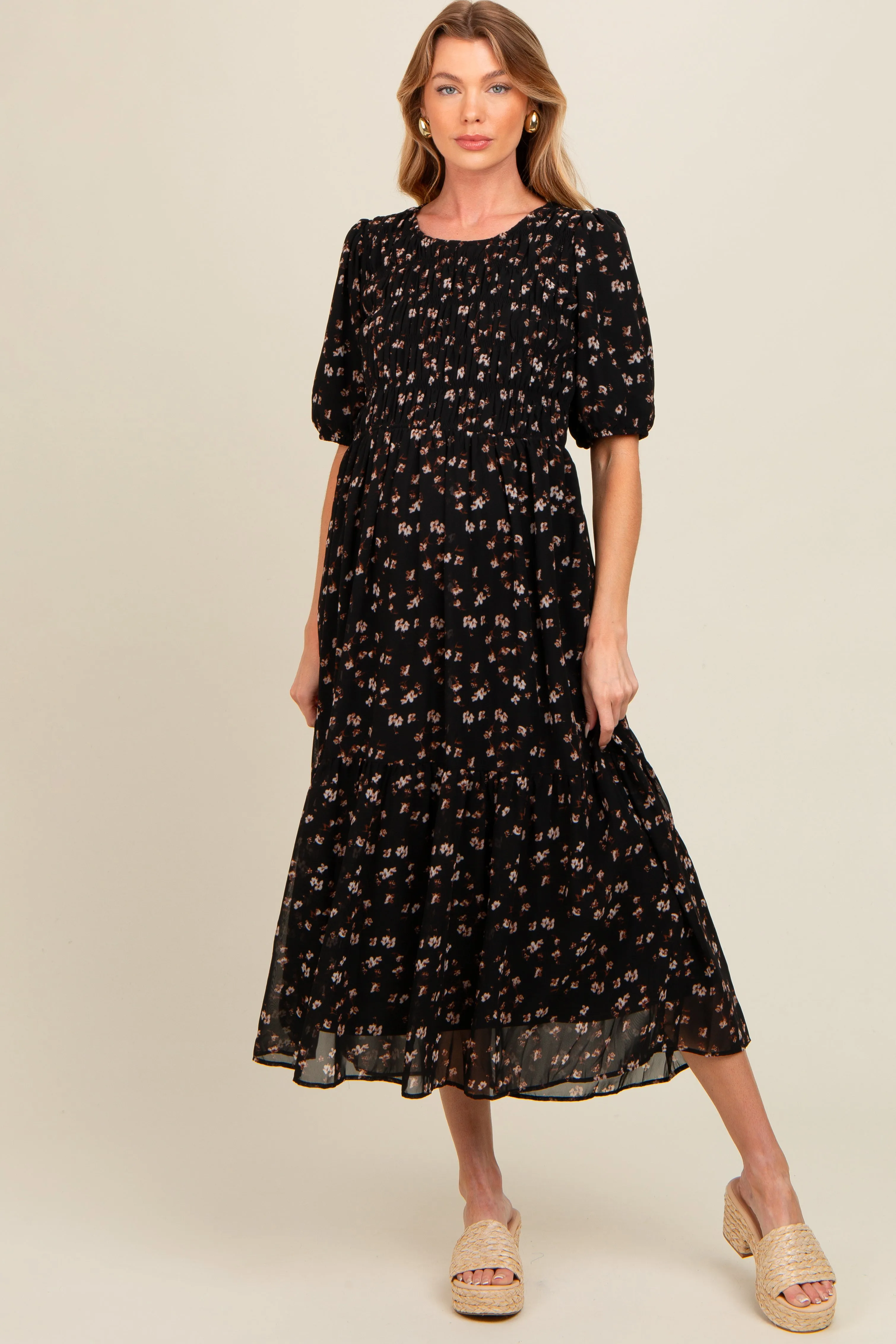 Black Floral Smocked Sash Tie Maternity Midi Dress sold by Pinkblush