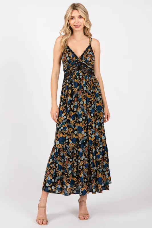 Black Floral Crochet Inset V-Neck Midi Dress sold by Pinkblush