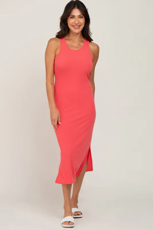 Coral Ribbed Side Slit Midi Dress sold by Pinkblush