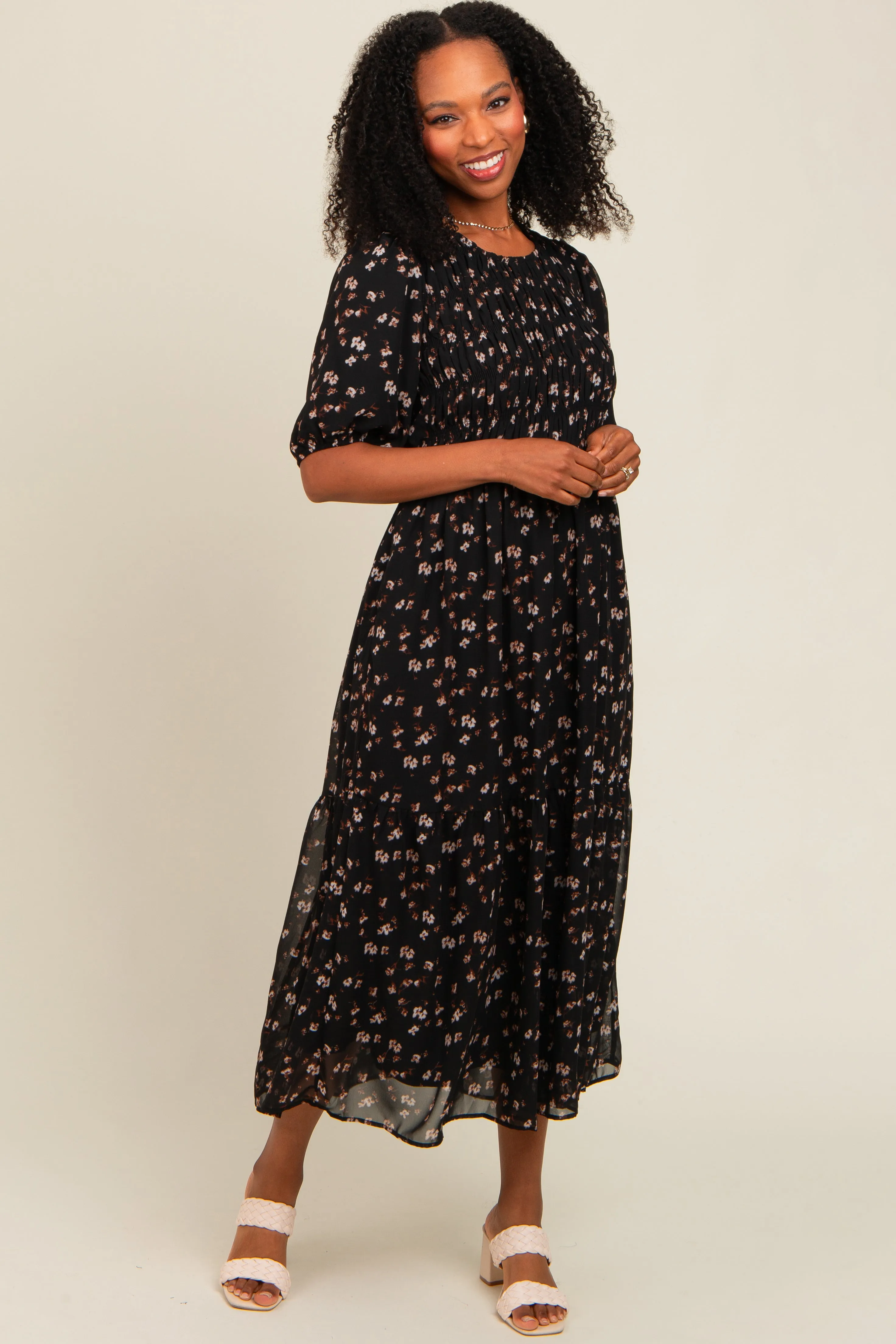 Black Floral Smocked Sash Tie Maternity Midi Dress sold by Pinkblush product image thumbnail 4