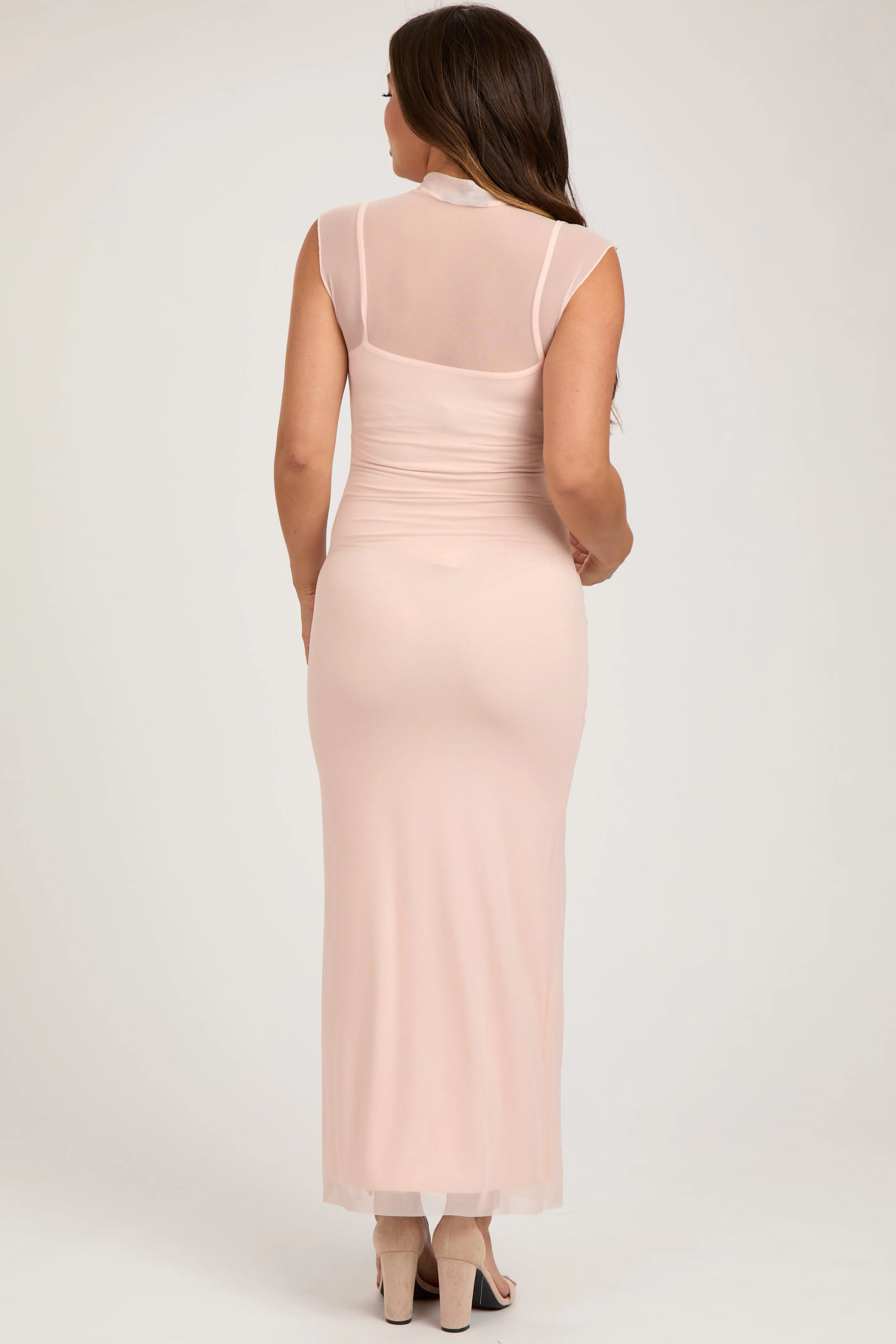 Light Pink Mock Neck Sleeveless Mesh Maternity Midi Dress sold by Pinkblush product image thumbnail 3
