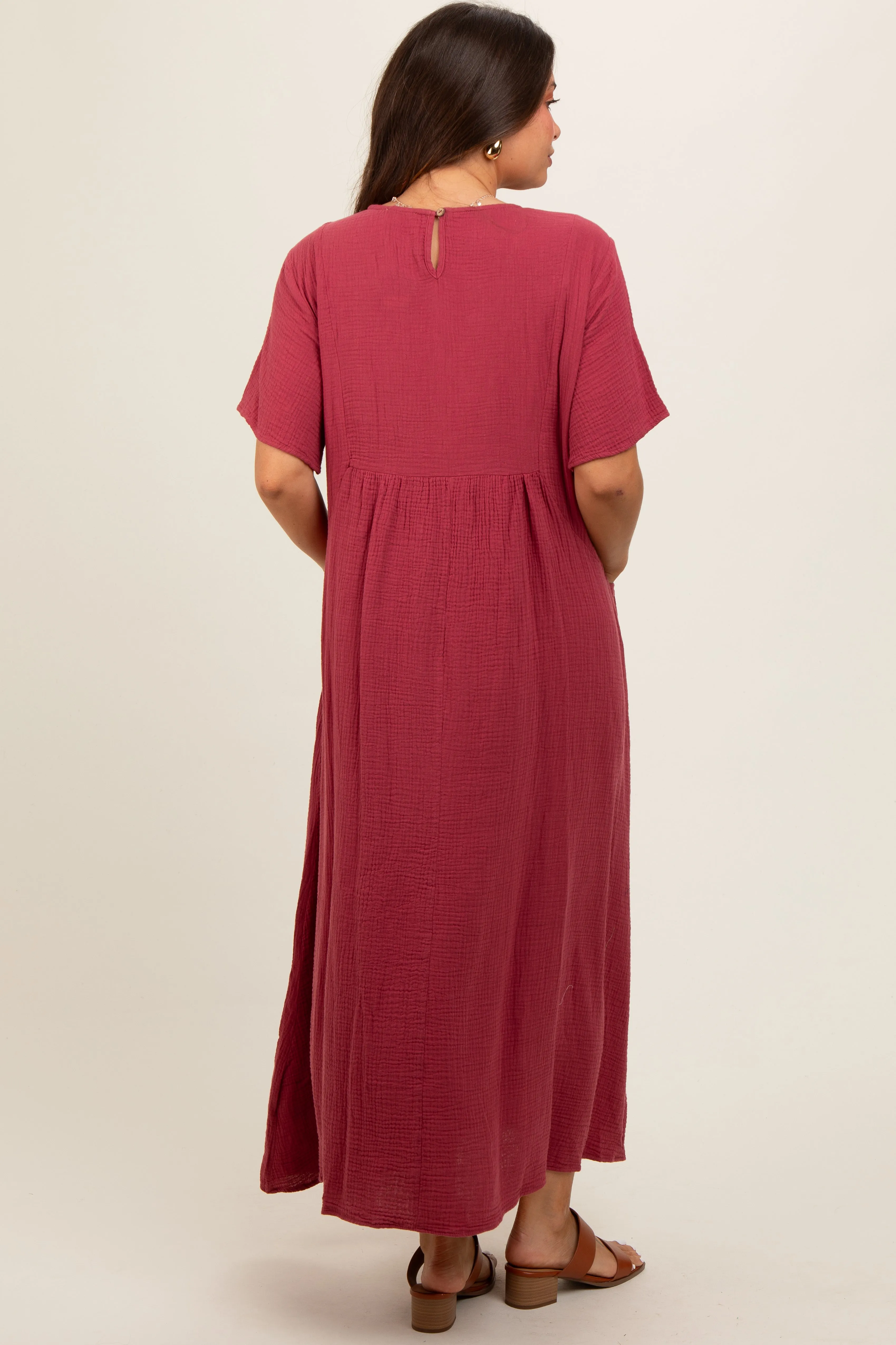 Red Gauze Short Sleeve Maternity Midi Dress sold by Pinkblush product image thumbnail 4