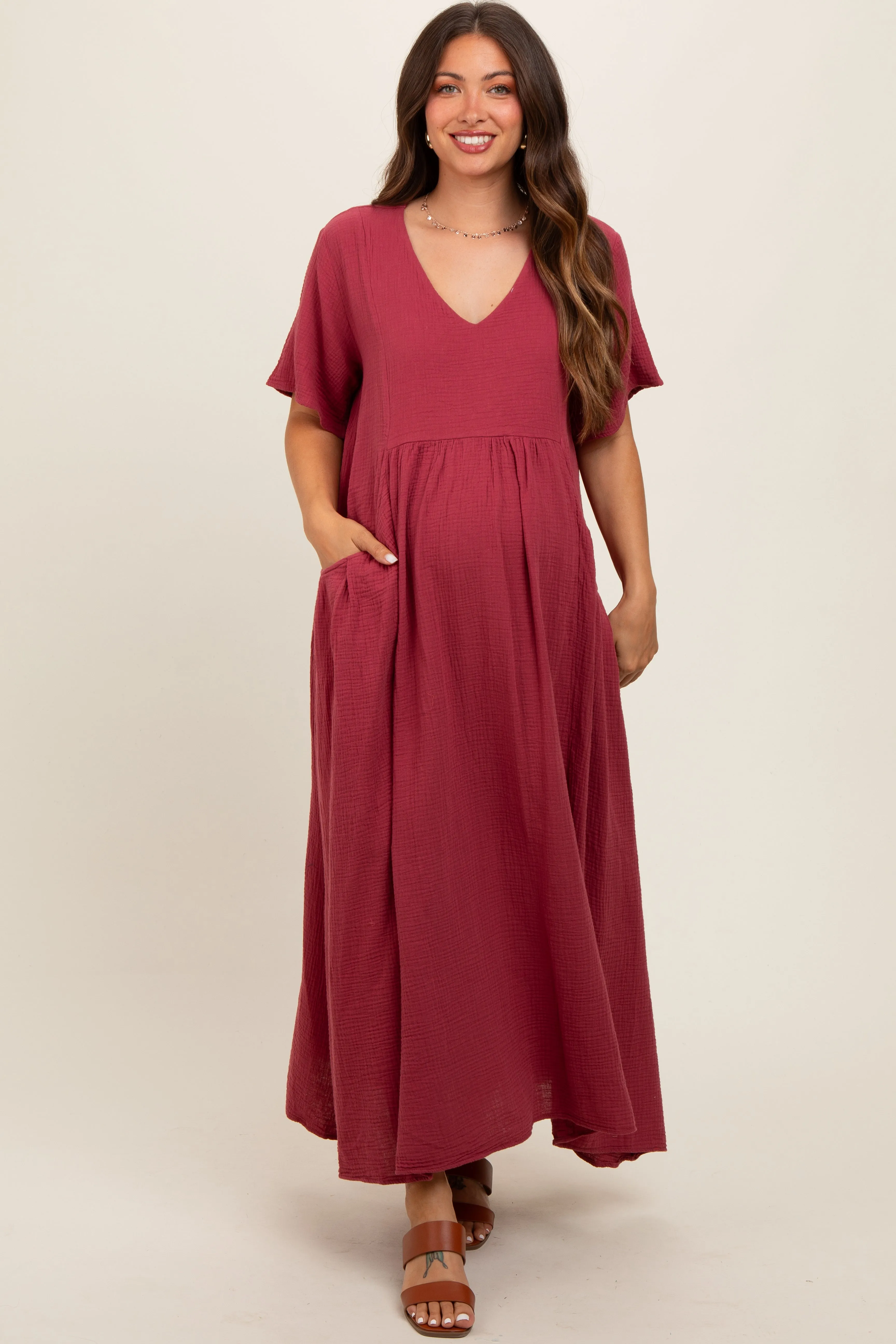 Red Gauze Short Sleeve Maternity Midi Dress sold by Pinkblush