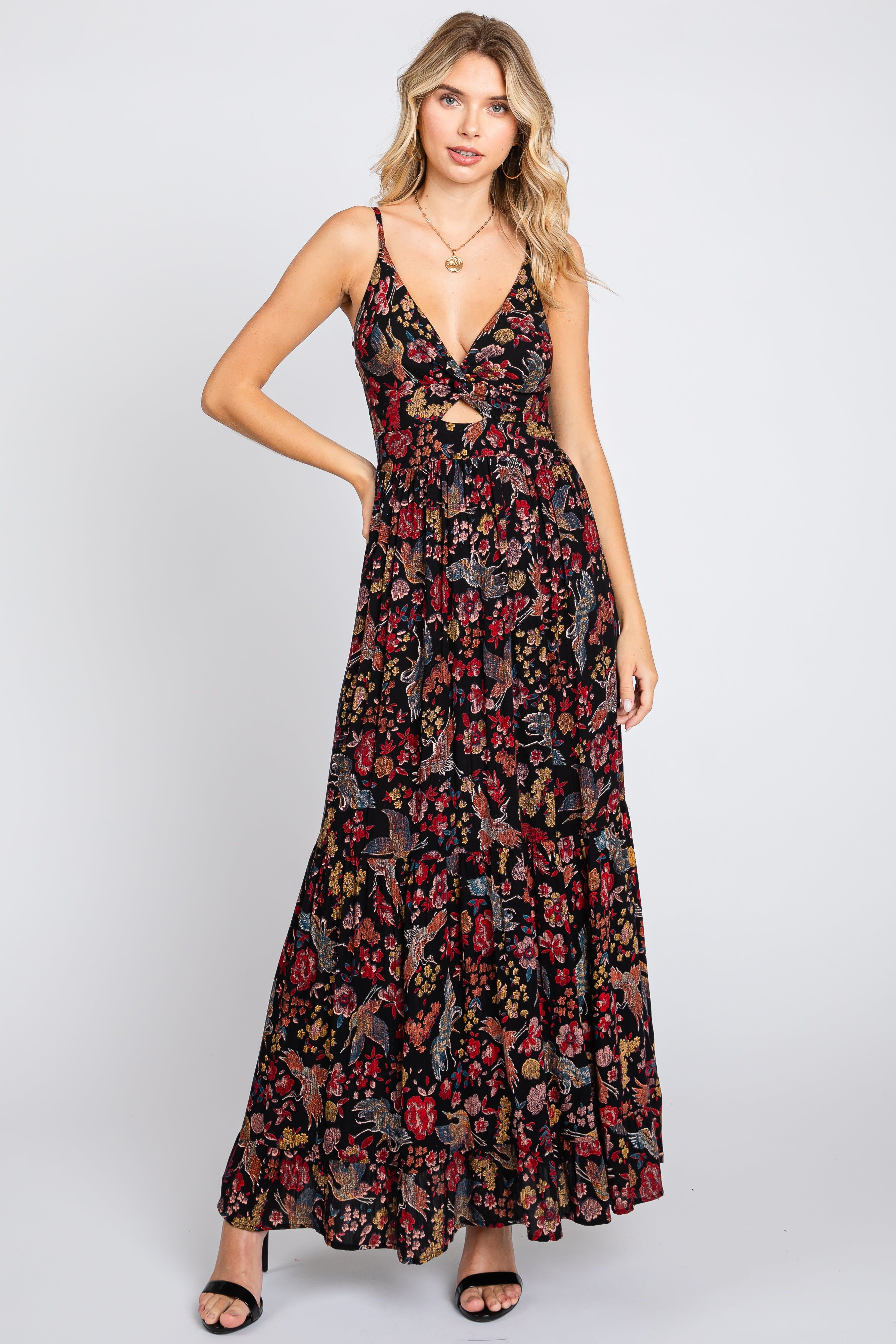 Black Floral Cutout Sleeveless Maxi Dress sold by Pinkblush
