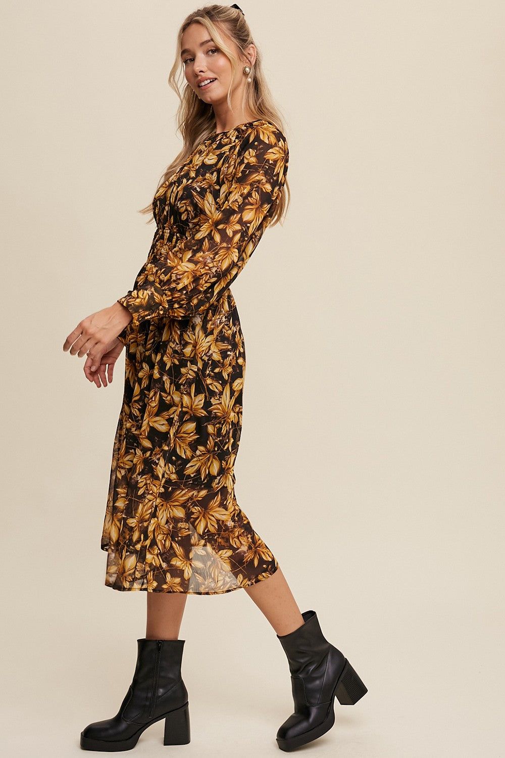 Mustard Leaf Print Pleated Neck Open Back Midi Dress sold by Pinkblush product image thumbnail 2