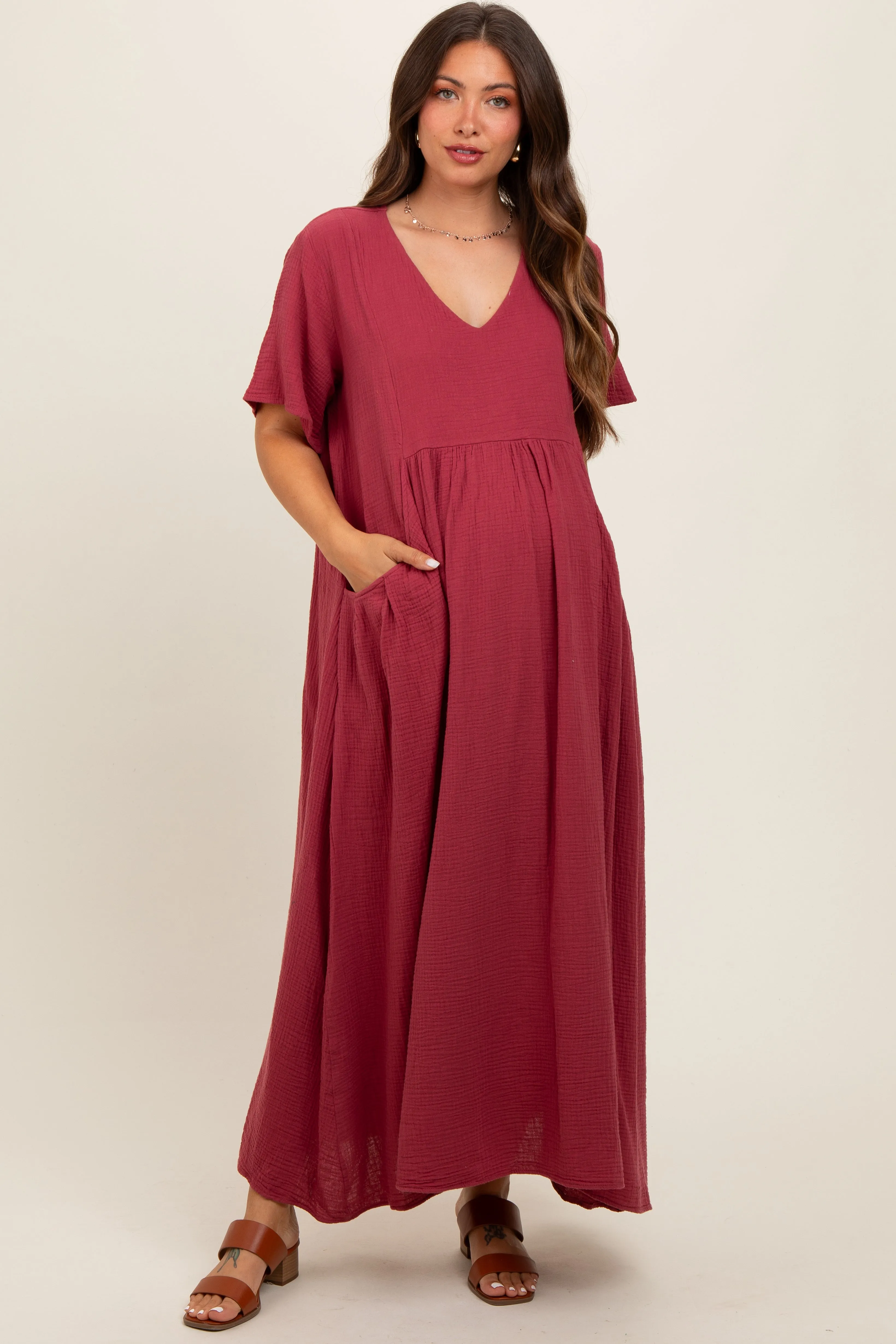 Red Gauze Short Sleeve Maternity Midi Dress sold by Pinkblush product image thumbnail 2