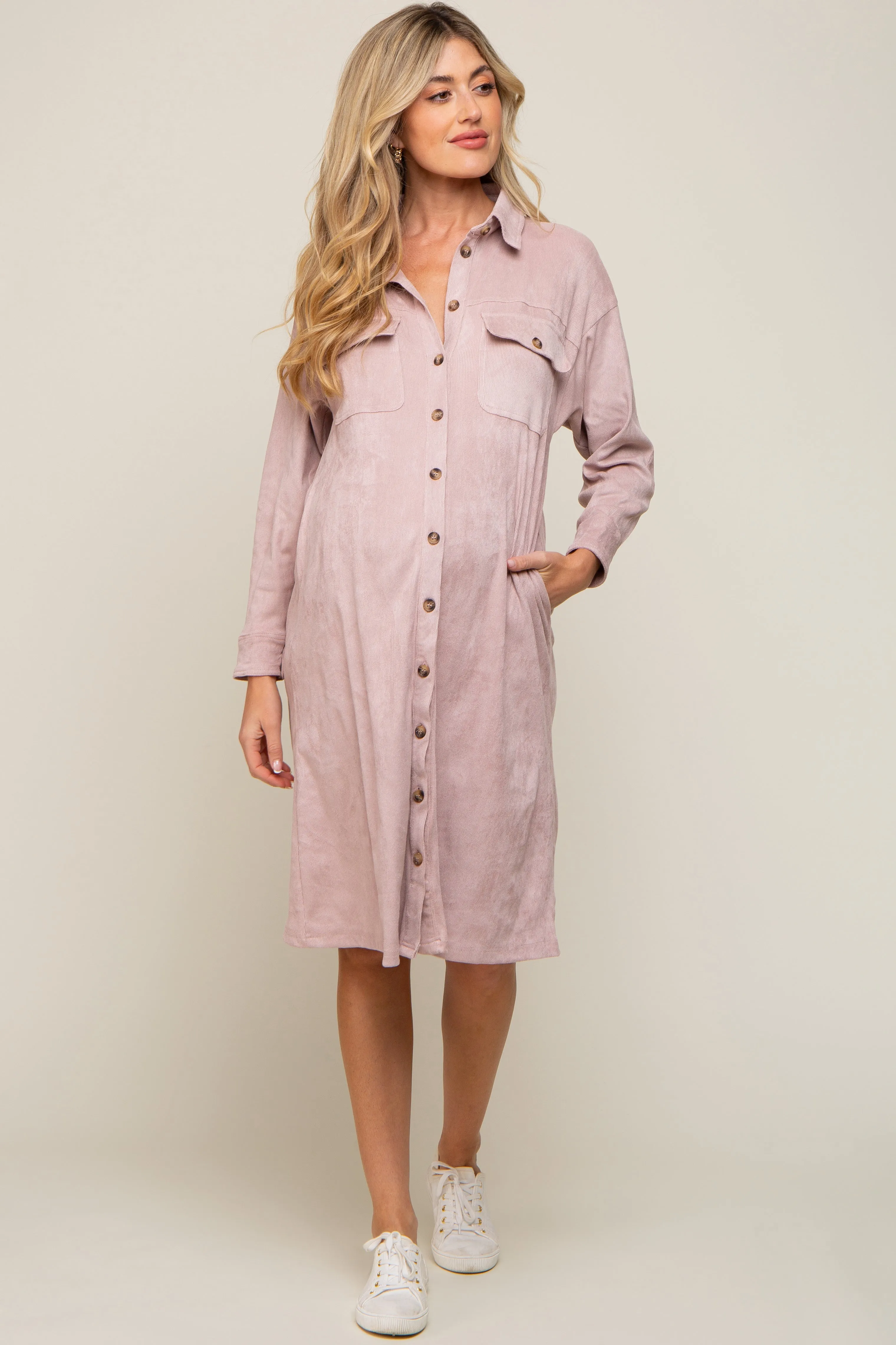 Light Pink Knit Corduroy Button Down Maternity Midi Dress sold by Pinkblush product image thumbnail 4