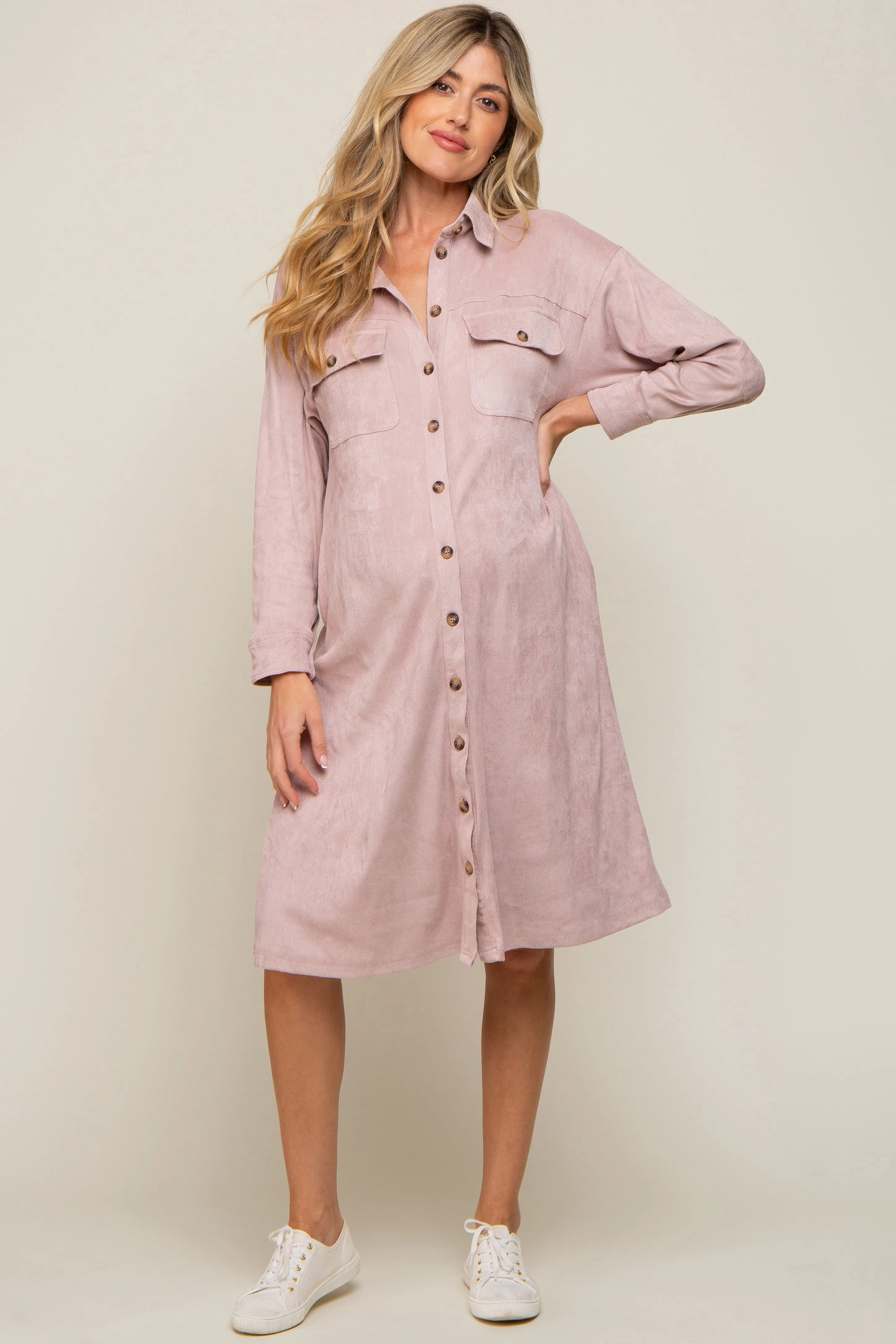 Light Pink Knit Corduroy Button Down Maternity Midi Dress sold by Pinkblush