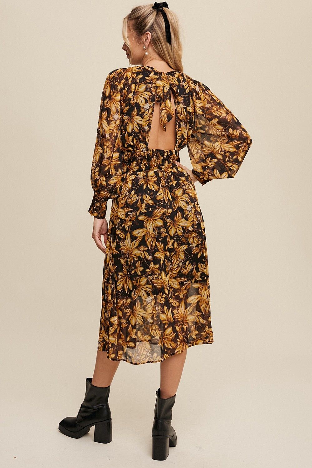 Mustard Leaf Print Pleated Neck Open Back Midi Dress sold by Pinkblush product image thumbnail 3