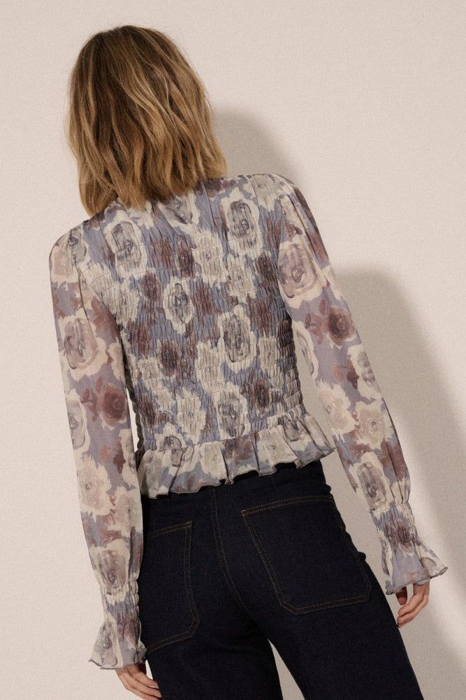 Grey-Taupe Floral Semi-Sheer Mesh Smock Bodice Knit Top sold by Pinkblush product image thumbnail 3