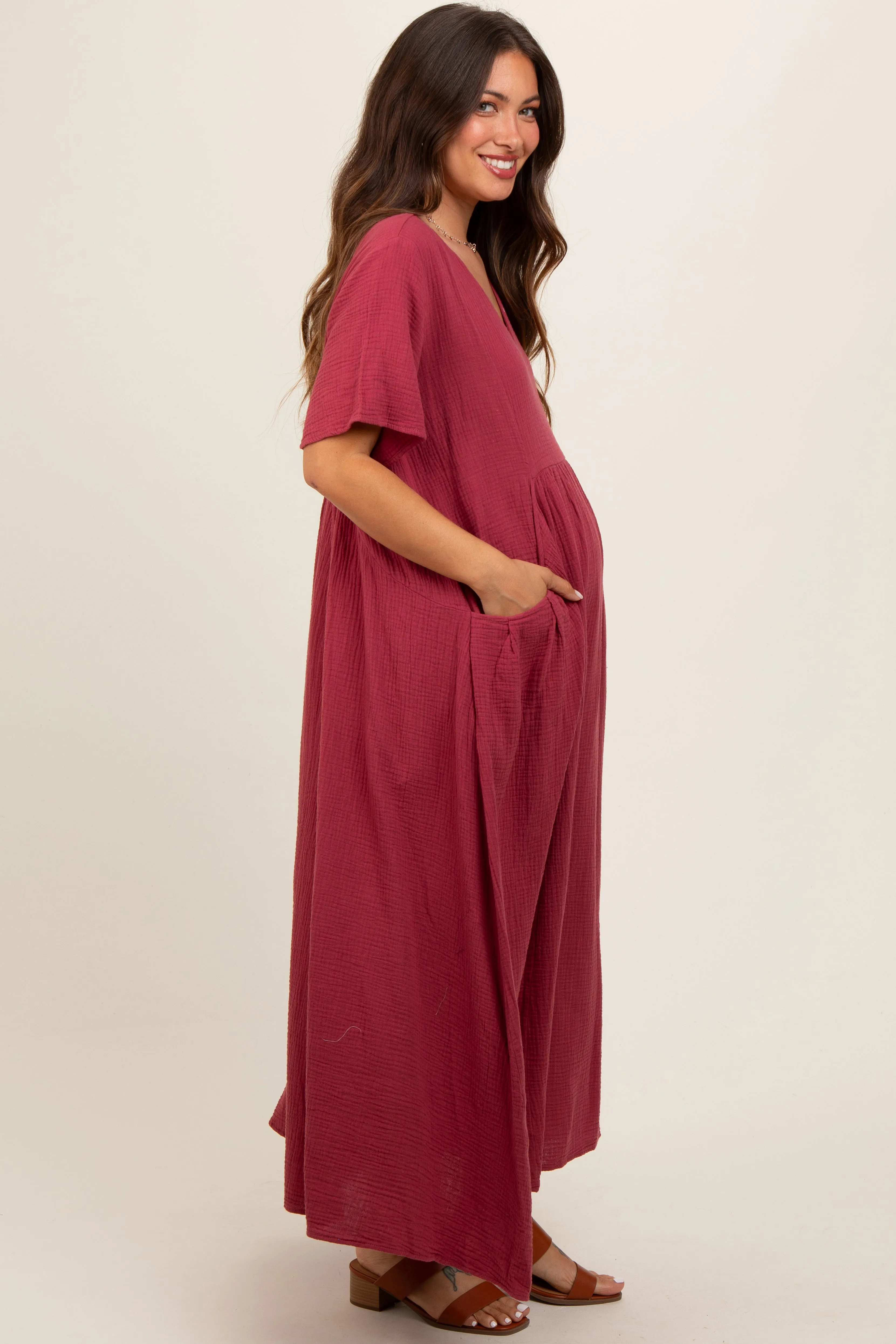 Red Gauze Short Sleeve Maternity Midi Dress sold by Pinkblush product image thumbnail 3