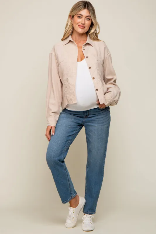 Beige Corduroy Raw Hem Maternity Shacket sold by Pinkblush