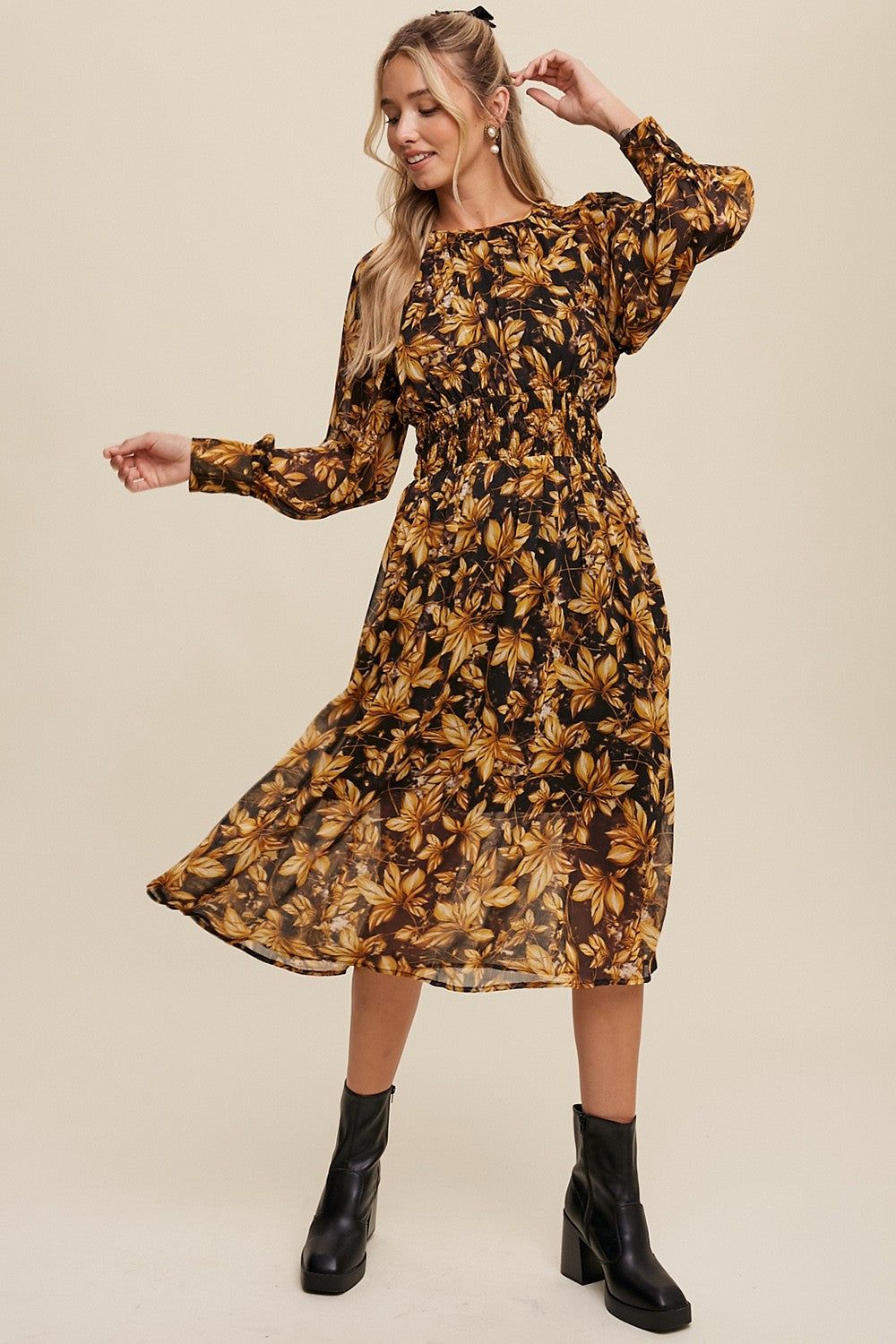 Mustard Leaf Print Pleated Neck Open Back Midi Dress sold by Pinkblush
