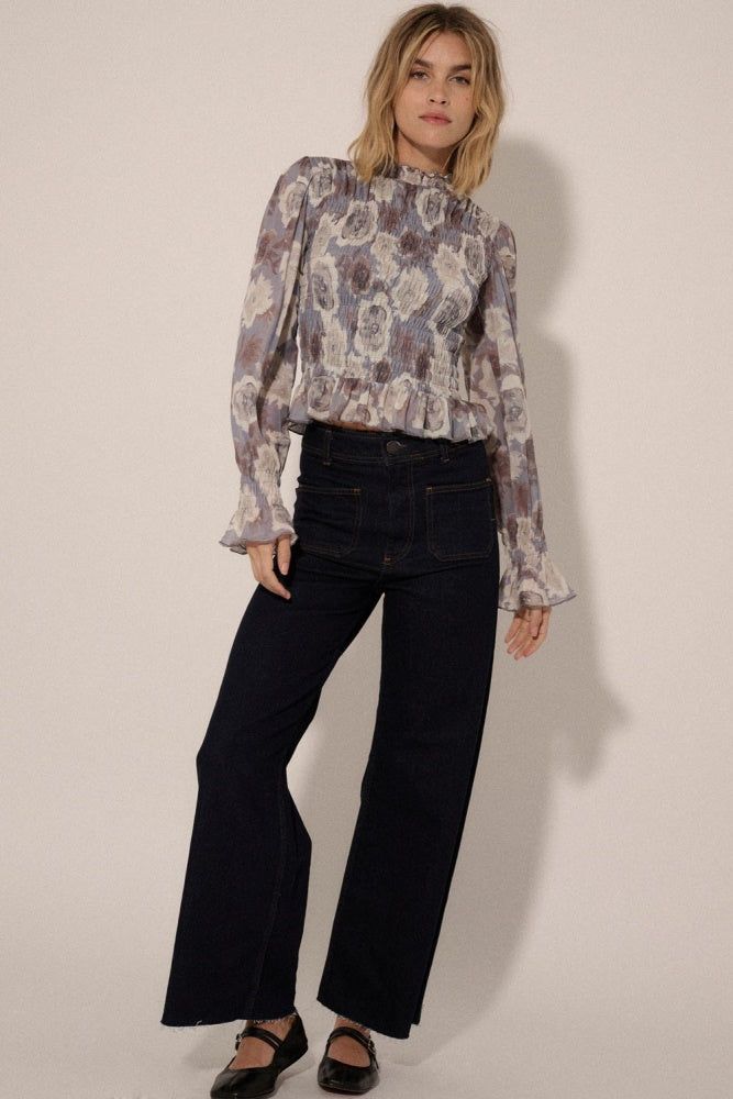 Grey-Taupe Floral Semi-Sheer Mesh Smock Bodice Knit Top sold by Pinkblush product image thumbnail 4