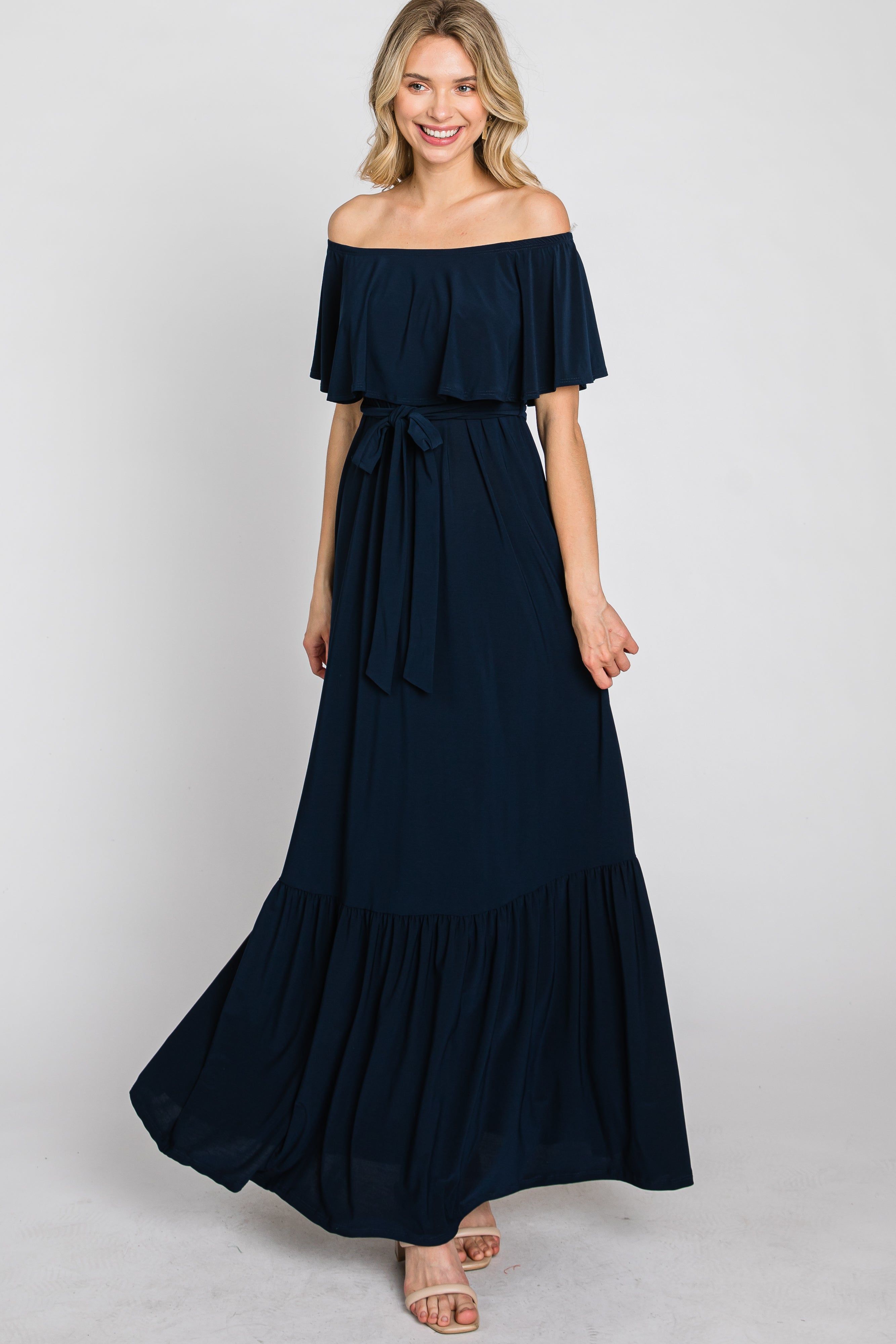 Navy Blue Off Shoulder Maxi Dress sold by Pinkblush