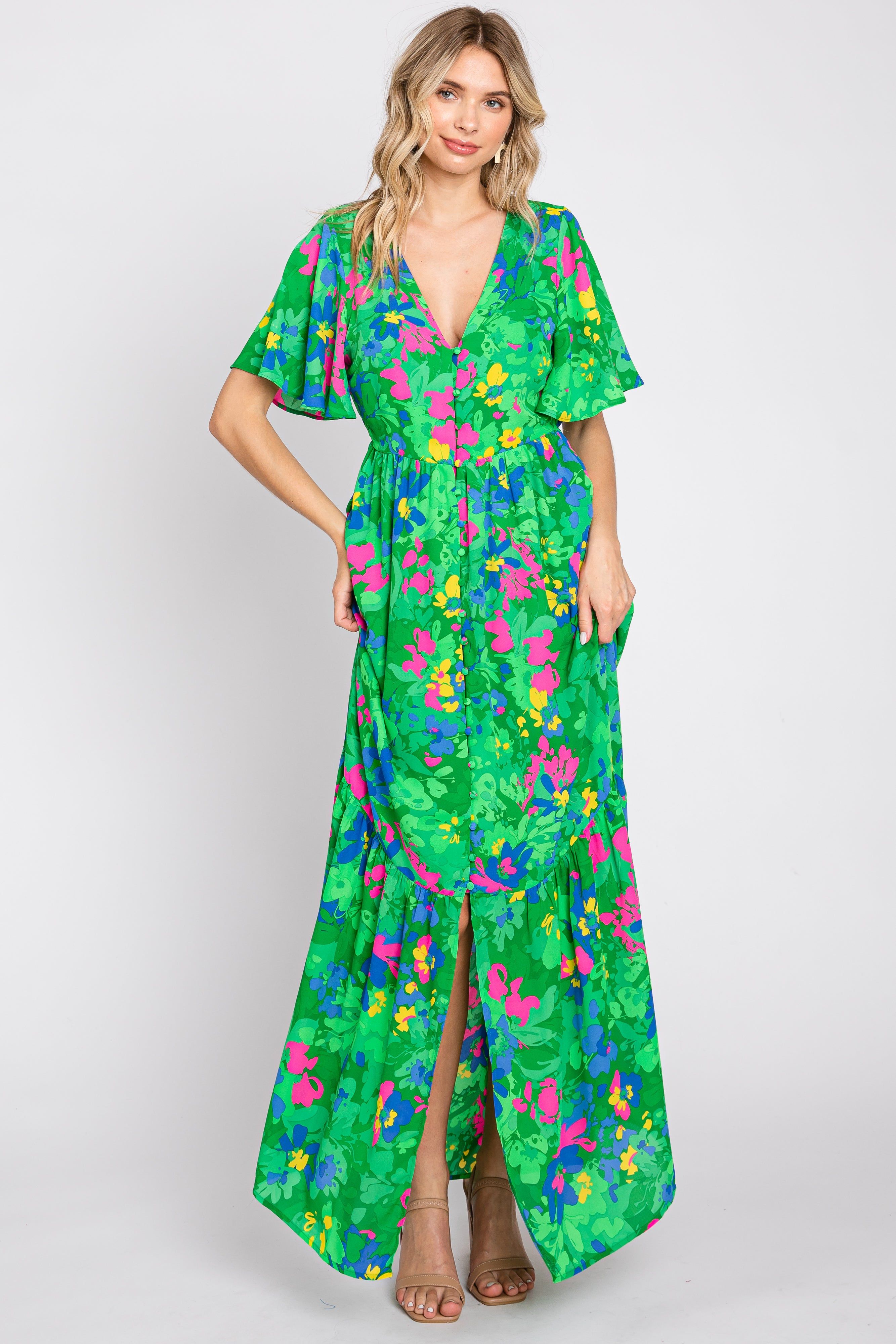 Green Floral Button Front Flutter Short Sleeve Maternity Maxi Dress sold by Pinkblush product image thumbnail 5